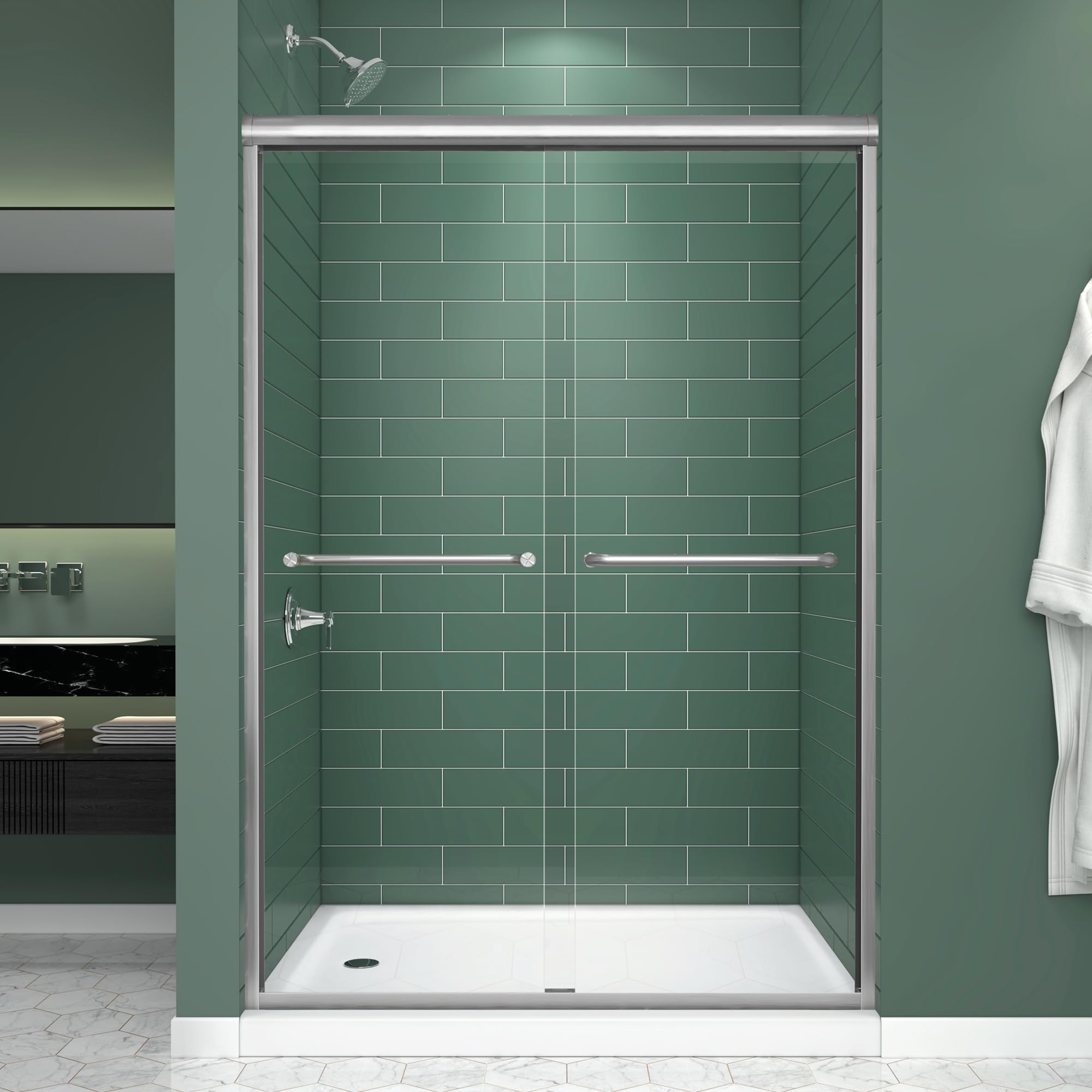 Double Sliding Shower Door 43-43-48" W x 70" H, Brushed Nickel, Bypass Shower Door, Clear Glass, Framed, 1/4" (6mm) Tempered Glass
