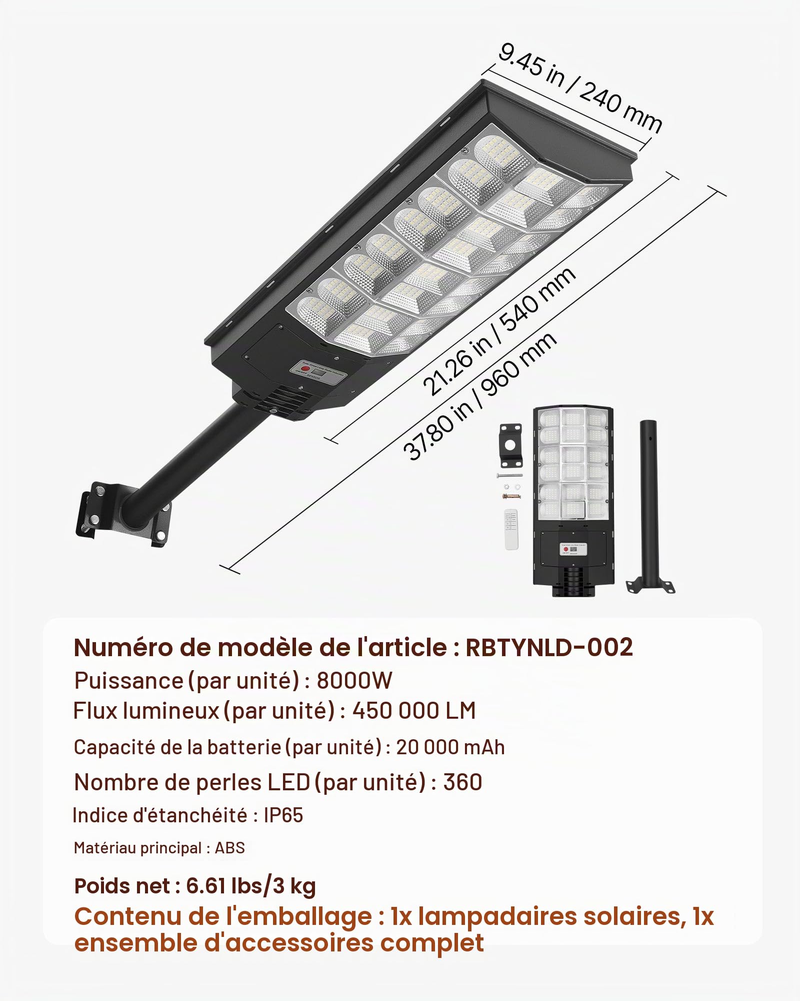 VEVOR Lampadaire Solaire Extérieur 8000 W Projecteur LED Solaire 450000 lm pour Parking Jardin Cour, avec Détecteur de Mouvement, Télécommande, Éclairage du Crépuscule à l'Aube, Étanche IP65, Lot de 1
