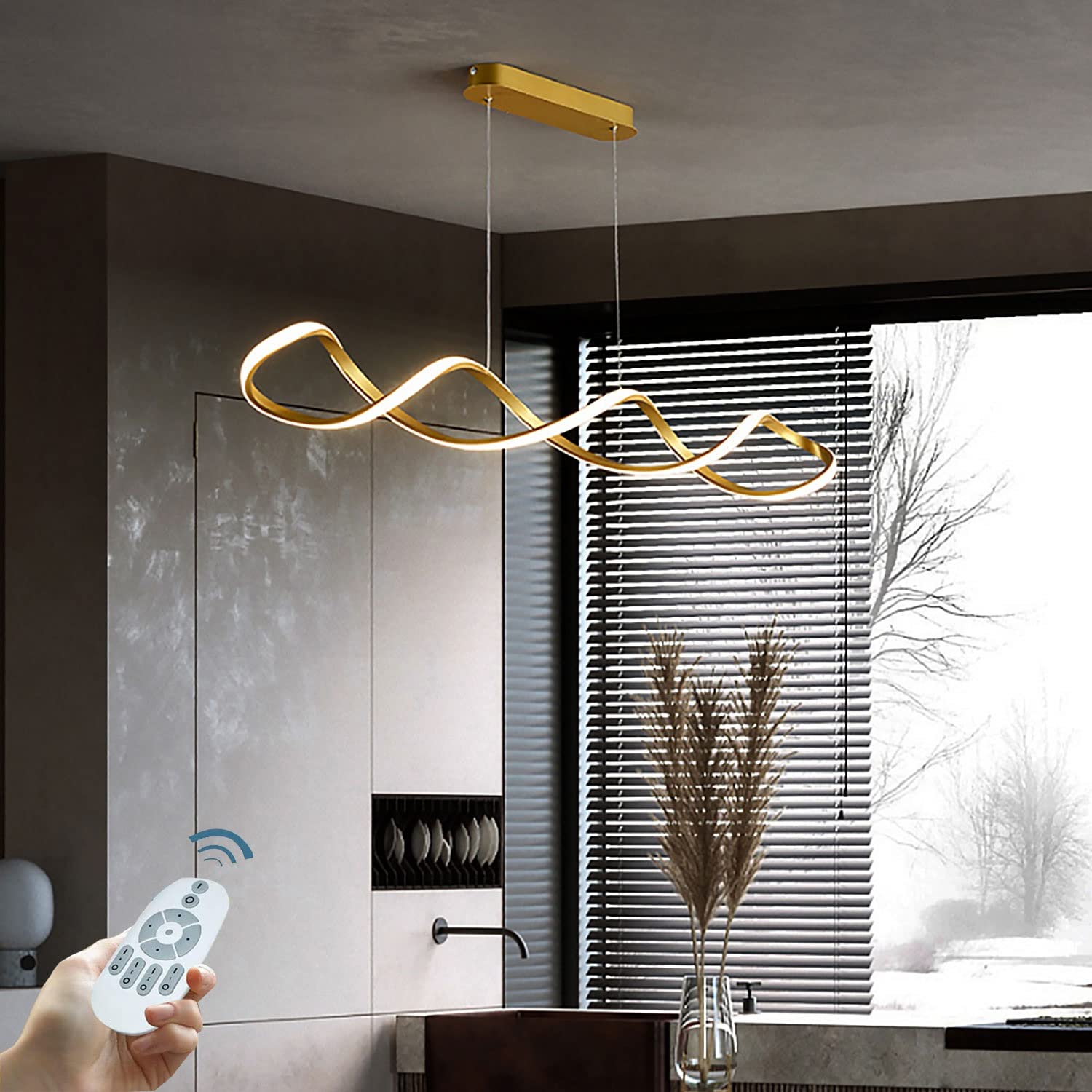 Chandelier LED Dining Table Modern Dining Room Creative Metal Pendant Lamp With Remote Control Dimmable Dining Room Pendant Lamp Height Adjustable Kitchen Living Room Chandelier ( Color : Gold , Size