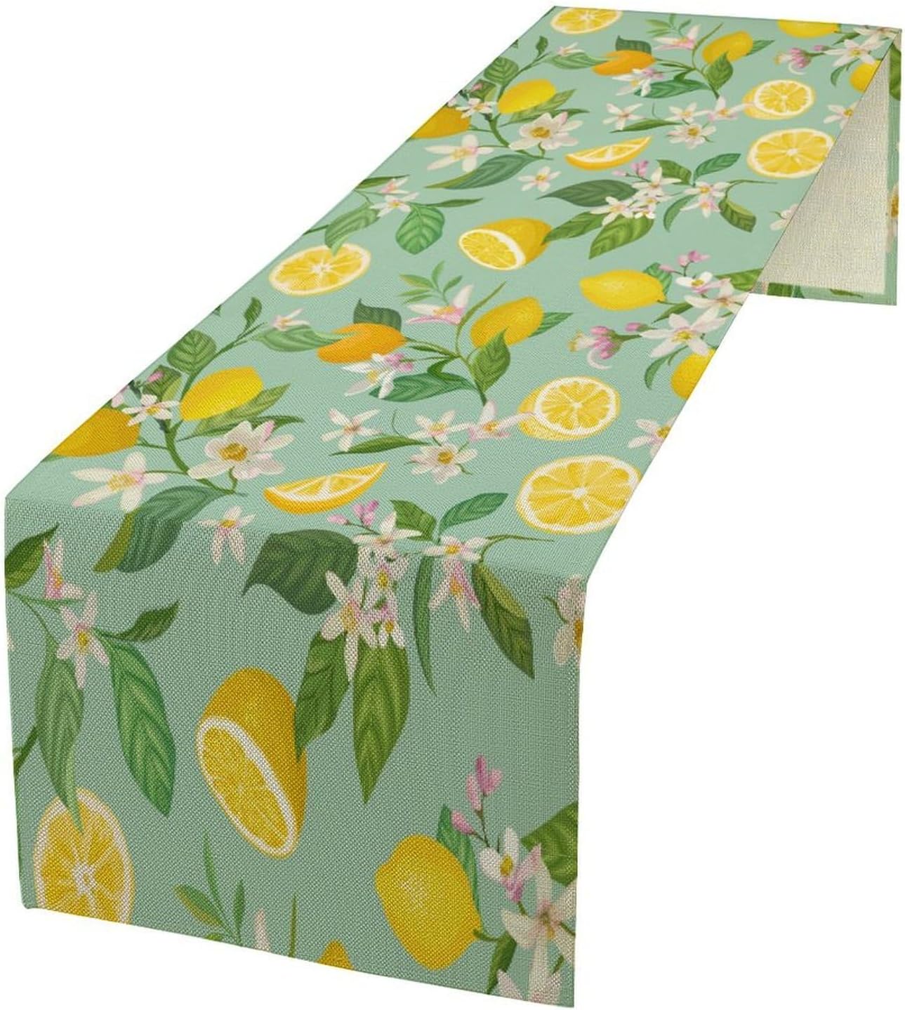 Bohemian Fruit Table Runner, Modern Cyan Green Watercolor Hand Drawn Lemon Plants Floral Leaves Seamless Pattern Table Decoration for Party Living Room Kitchen Dining Coffee Table 13x108in x1 Panel