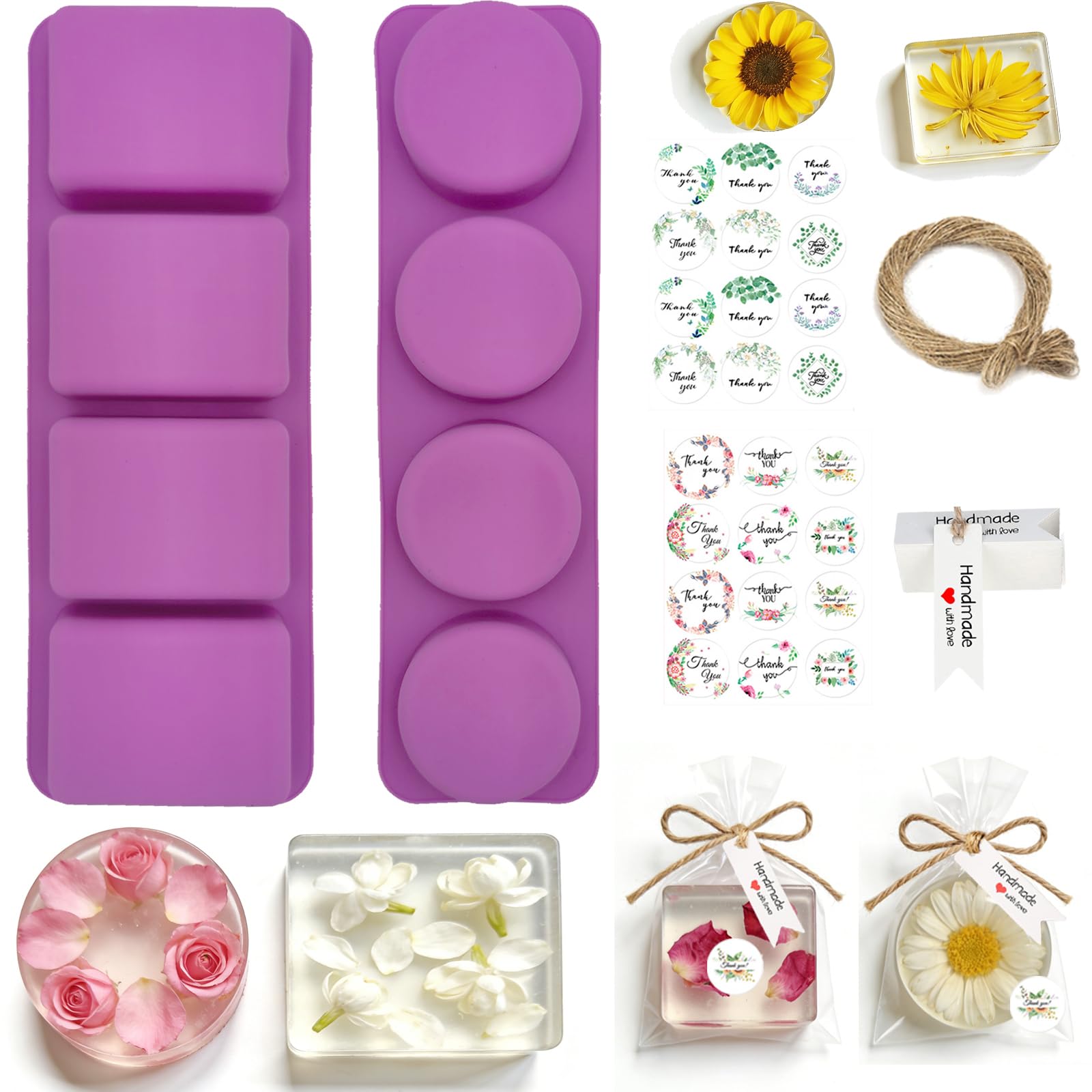 DIY Soap Making Kit with 2pcs Silicone Mold, 48pcs Thank You Stickers, 48pcs Gift Tags, 20M Twine, Handmade Soap Kit-image-43