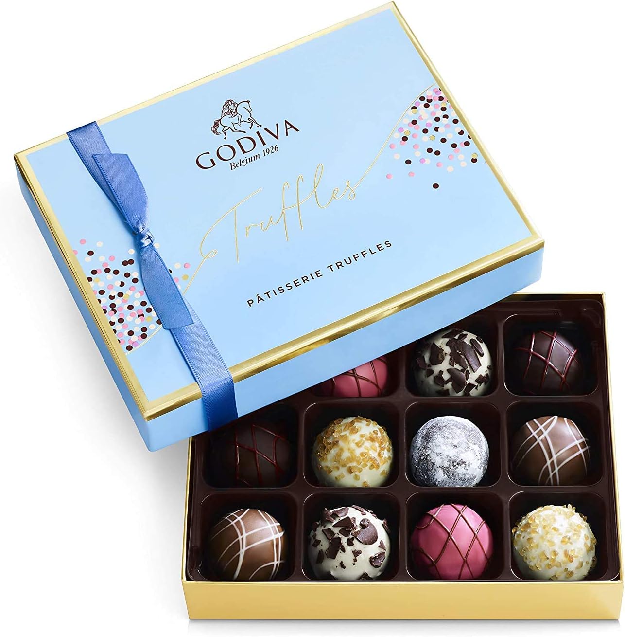 Godiva Chocolatier Patisserie Dessert Chocolate Truffle Gift Box, Mother's Day Gift Basket, for Graduation & Teacher Appreciation Gourmet Candy with Creamy Filling in Milk, White, Dark Chocolate,12pc
