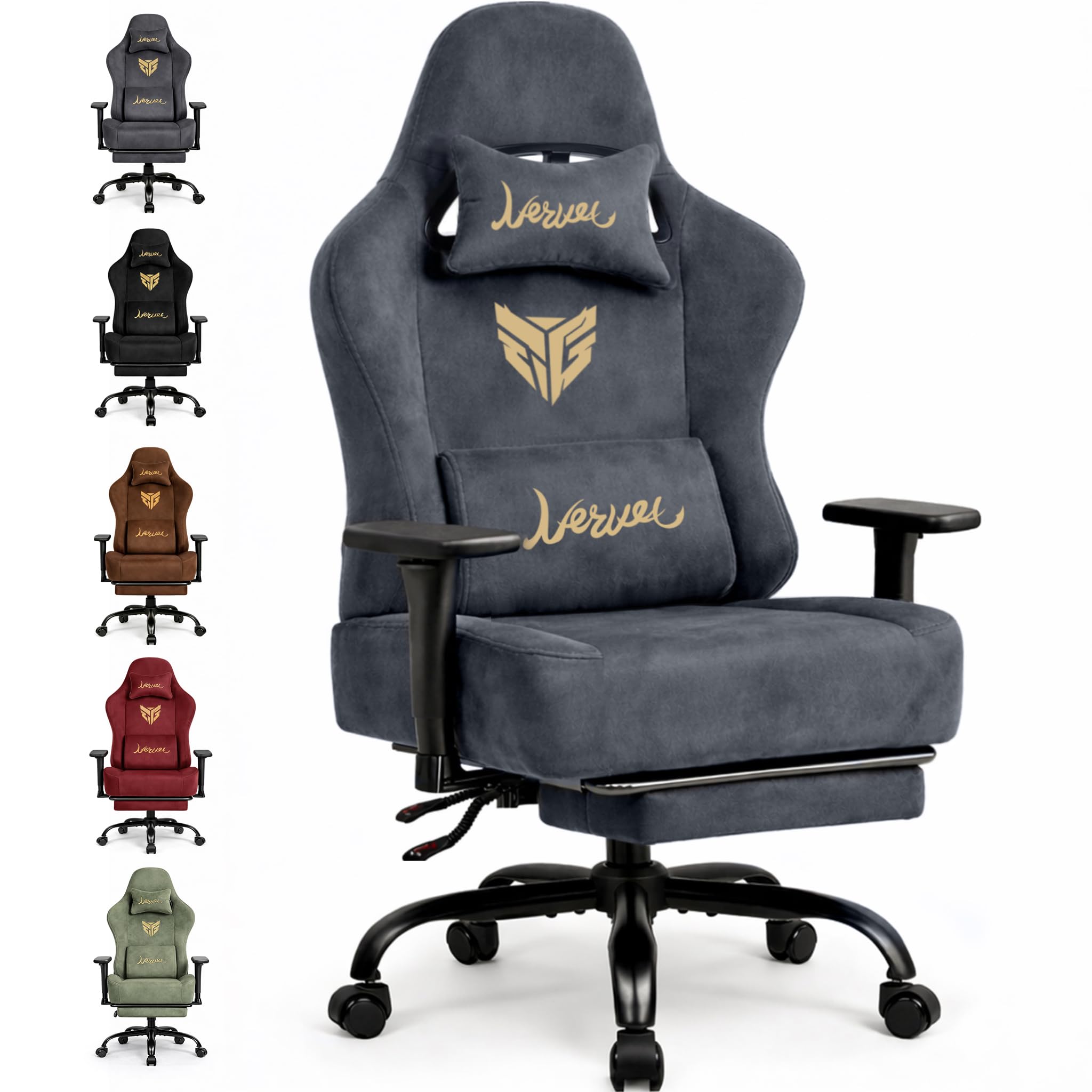 Gaming Stuhl Chair Gamer Sessel-Stoff Wildlederimitat Gamer Stuhl mit Fußstütze Lendenkissen Kopfstütze Höhenverstellbar 3D Armlehnen mit Mehrfach Verstellbaren Armen Gamingstuhl 200 Kg Grau
