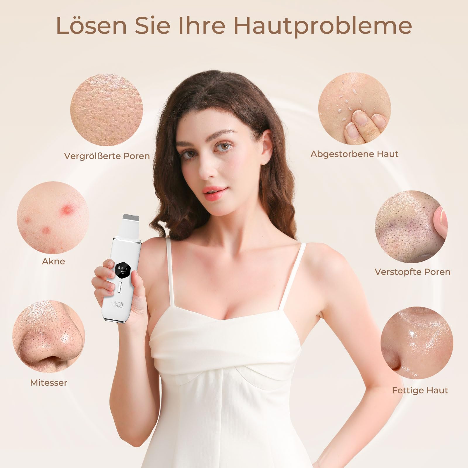 CARER SPARK Skin Scrubber Ultraschall,Ultraschallpeelinggerät für das Gesicht-Mitesser-Entferner mit 4 Modi LED-Anzeige,10-Min-Autoabschaltung für Tiefenreinigung Mitesserentfernung USB-Aufladung