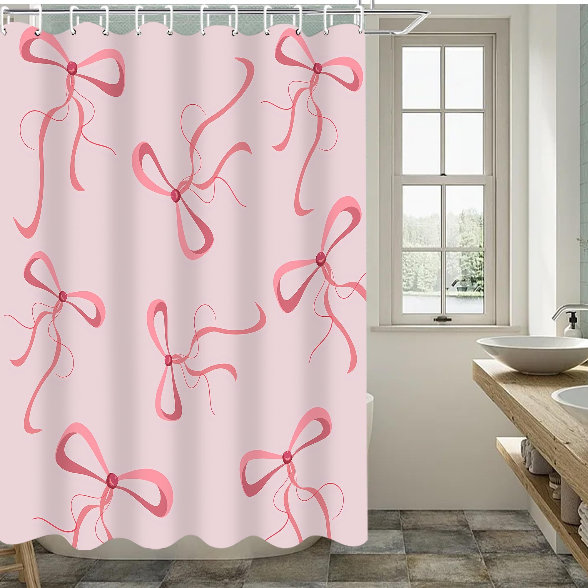 Rideau de Douche à nœud Rose 200 x 240 cm (L x H) Décoration de Salle de Bain Moderne Rideau de Douche en Tissu Mignon et Girly avec Crochets, Lavable