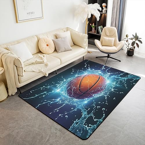 Alfombra de baloncesto de 5 x 7 pies, temática deportiva, para sala de estar, dormitorio, suave, para niños, bola 3D, alfombra decorativa para el