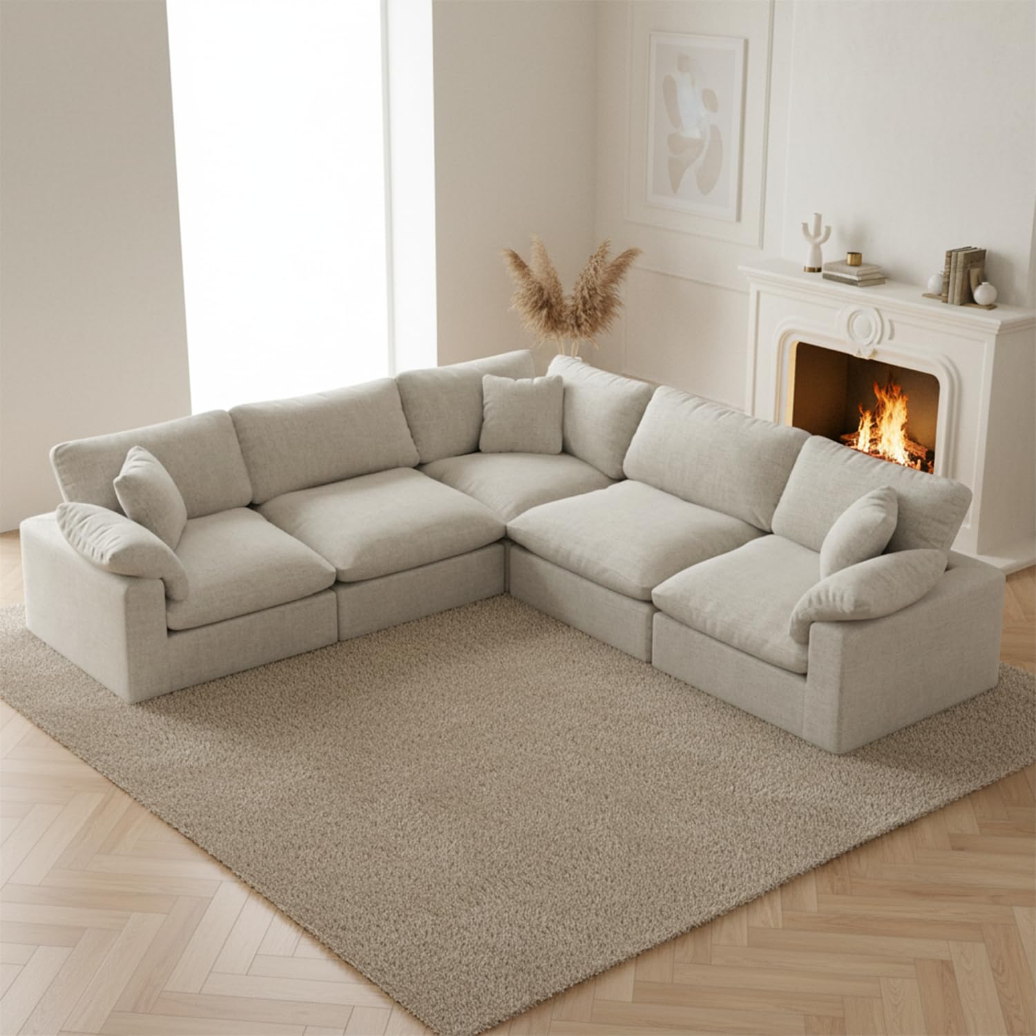 211.6" Cloud Modular Sectional Sofa,Light Beige Down Filled Sofa 5 Seat,Minimalist Sofa Cover Washable and Replaceable Couches for Living Room,Sectional Sofa Deep Seat