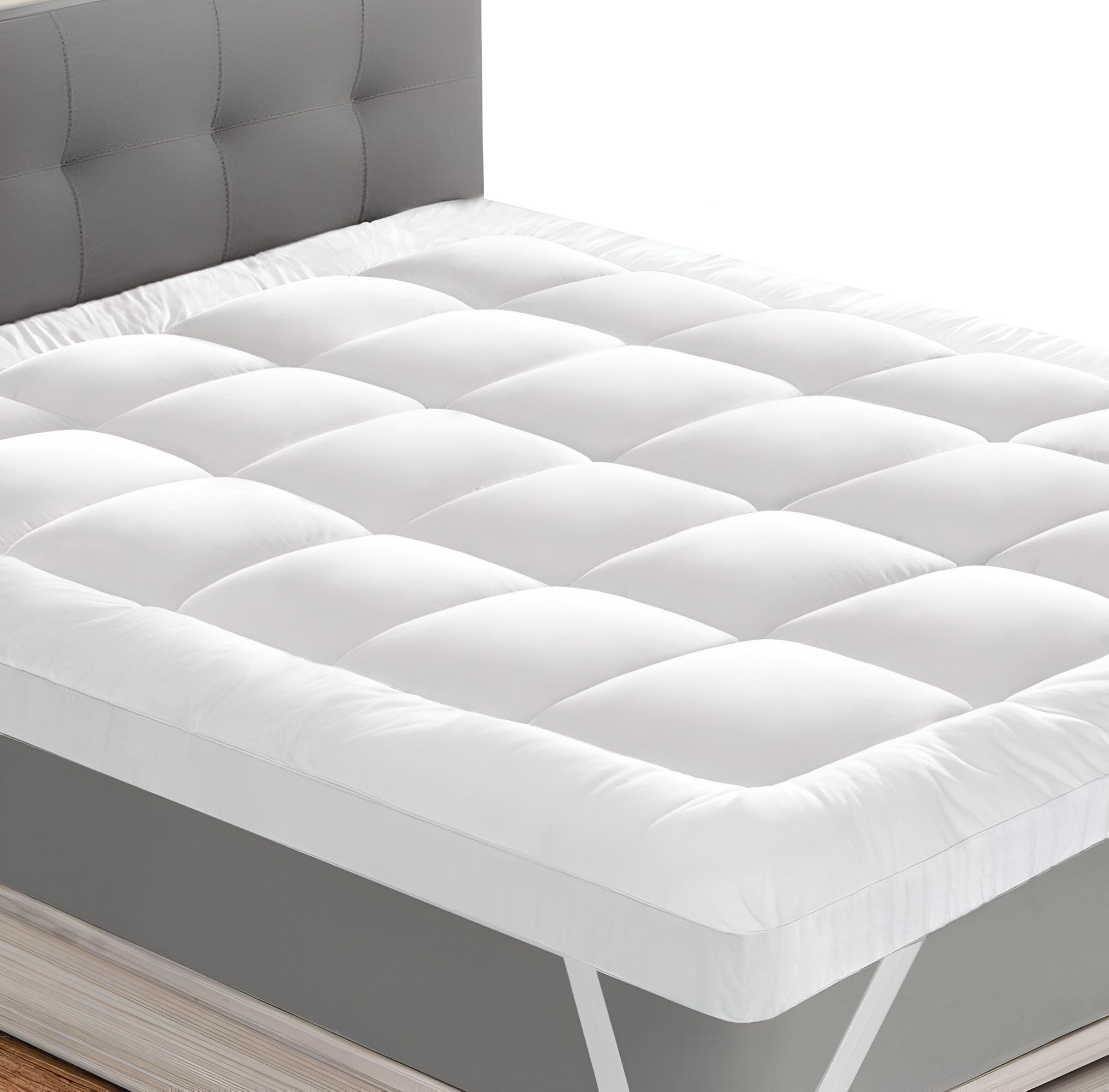 Ecobiz White Double Mattress Topper Thick 4 Inches Soft Fluffy Extra Thick Mattress Topper Double Bed 10Cm Thick With Strong Corner Straps For Luxury & Comfort Hypoallergenic Bed Topper Double - 137X190cm