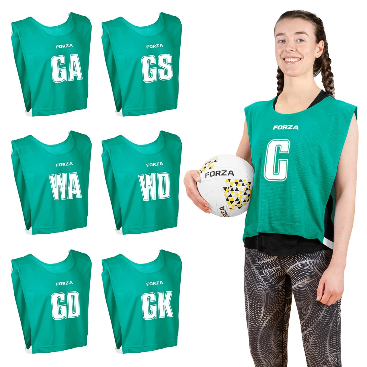 FORZA Pro Netball Bibs [7 Pack] | Full Netball Player Position Bib Pack Available in 7 Colours - Breathable and Comfortable Bibs for Schools & Clubs (Teal, Large)