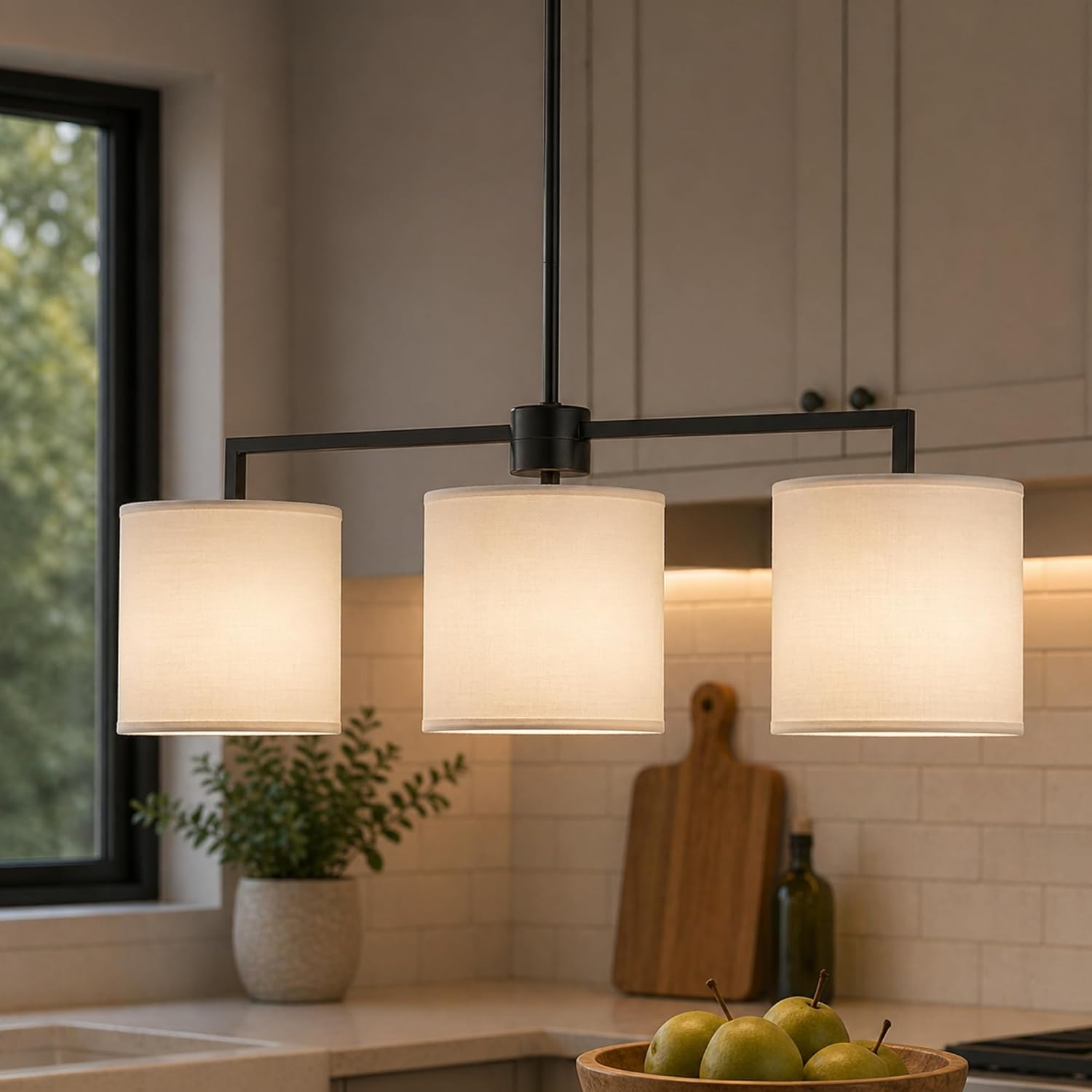 Emak 3-Light Dining Room Light Fixture, Brushed Nickel Kitchen Island Lighting with Linen Drum Shade, Modern Linear Chandeliers for Dining Room, Kitchen, Bar, IL128-BN-WF-3