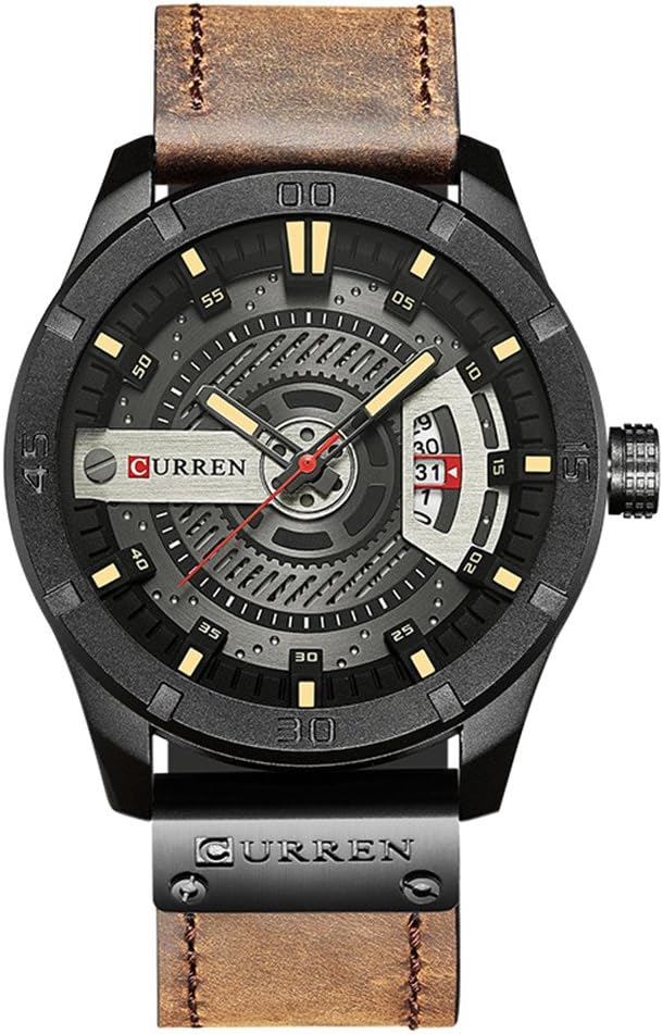 Men Quartz-Analog Watches Military Sport Black Wristwatch Leather Band (Black Brown)