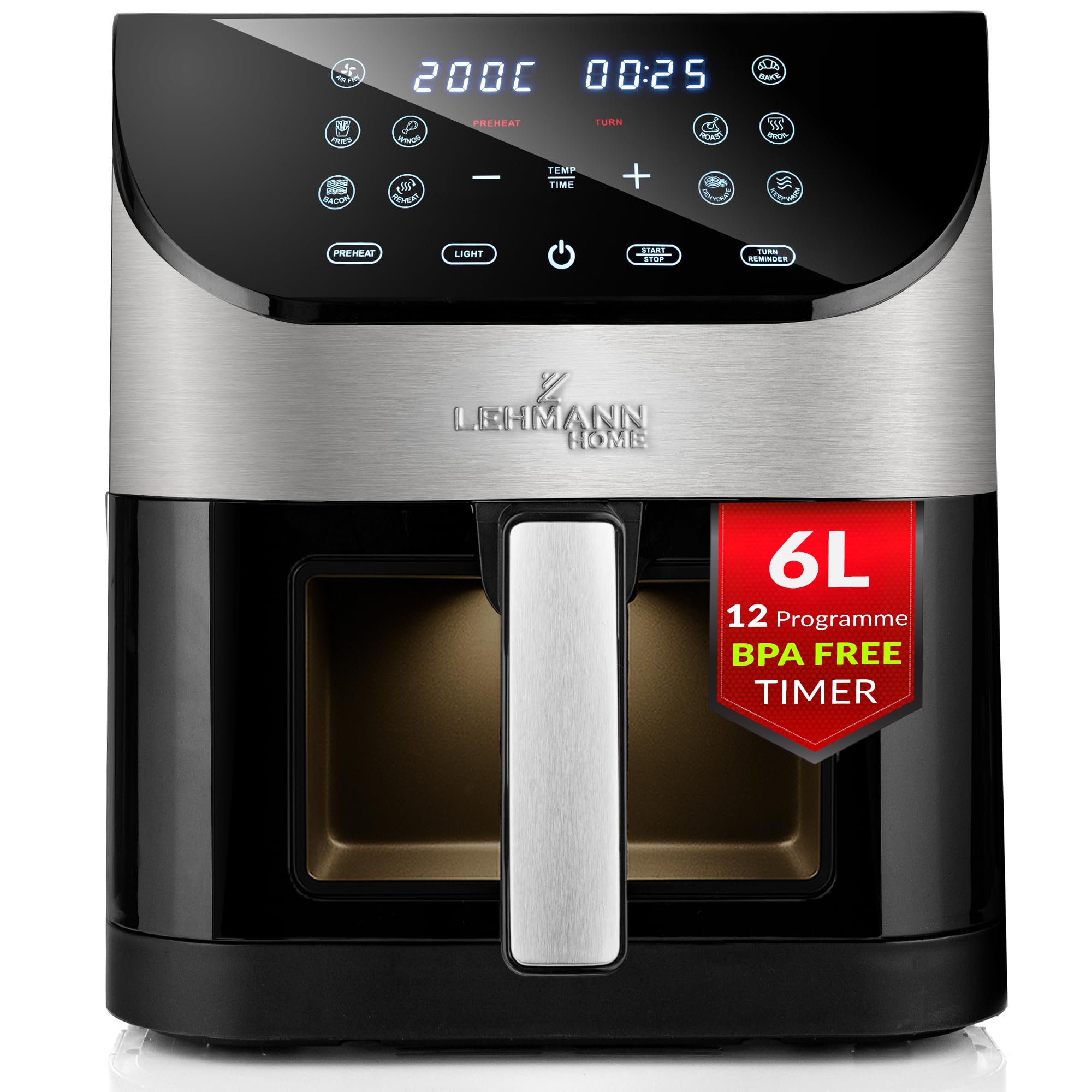 Lehmann Friteuse à air chaud 6L avec 10 programmes de cuisson, friteuse à air chaud 1500 W et contrôle de la température 76-200°C, Air Fryer avec minuterie et écran tactile LED numérique