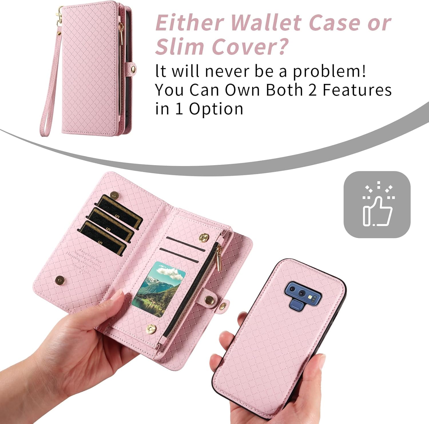 Asuwish Phone Case for Samsung Galaxy Note 9 Zipper Wallet Detachable Cell Cover with Tempered Glass Screen Protector Crossbody Lanyard Strap Flip Card Holder Slot Note9 Not S9 Women Men Girls Pink