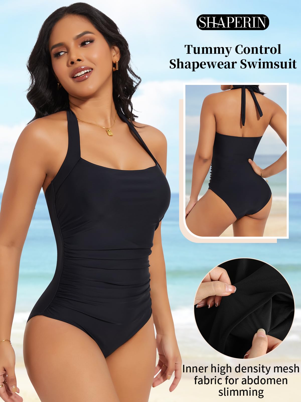 SHAPERIN Femme Maillot de Bain Une Piece Halter Monokini Amincissant Shapewear Push Up Swimsuit