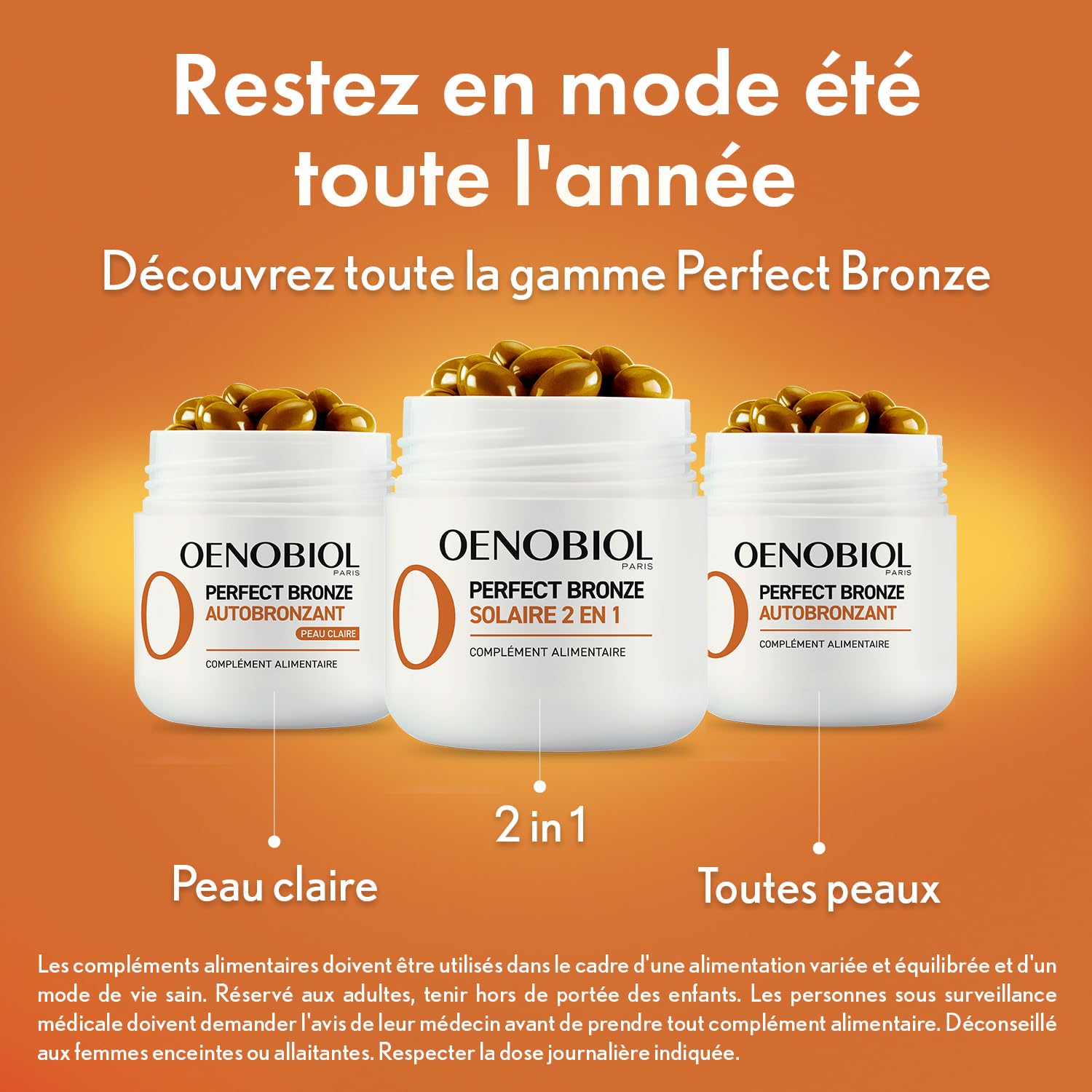 Oenobiol Autobronzant Peau Claire Perfect Bronze - Efficace Dès Le 1er mois sans soleil - Concentration de 5 pigments 100% d'origine végétale - Complément Alimentaire 2X30 Capsules - Programme 2 Mois