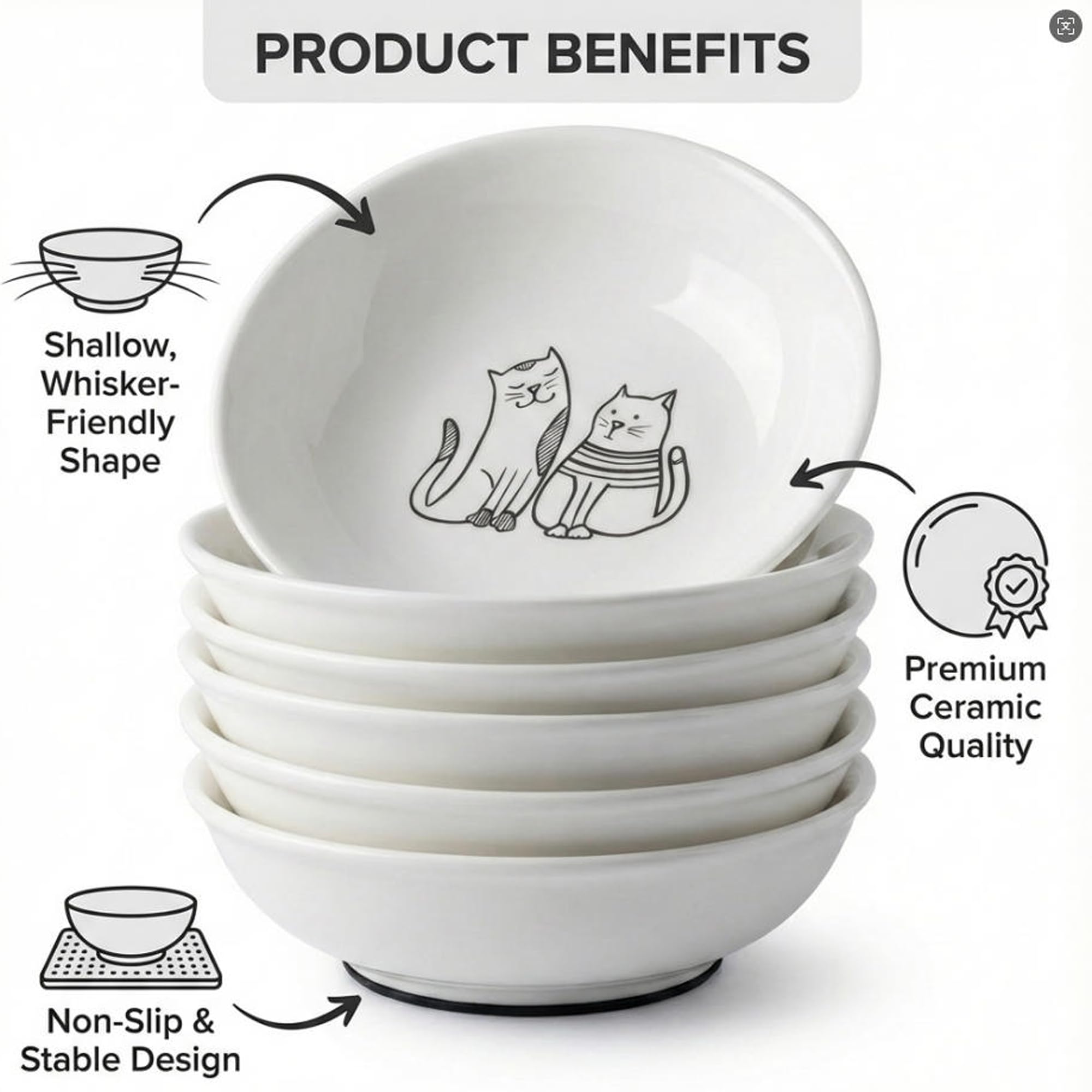 Lot de 6 gamelles pour chat en céramique anti-moustaches et fatigue - Assiettes peu profondes pour nourriture humide et sèche et eau - Base en silicone antidérapante (éléments classiques