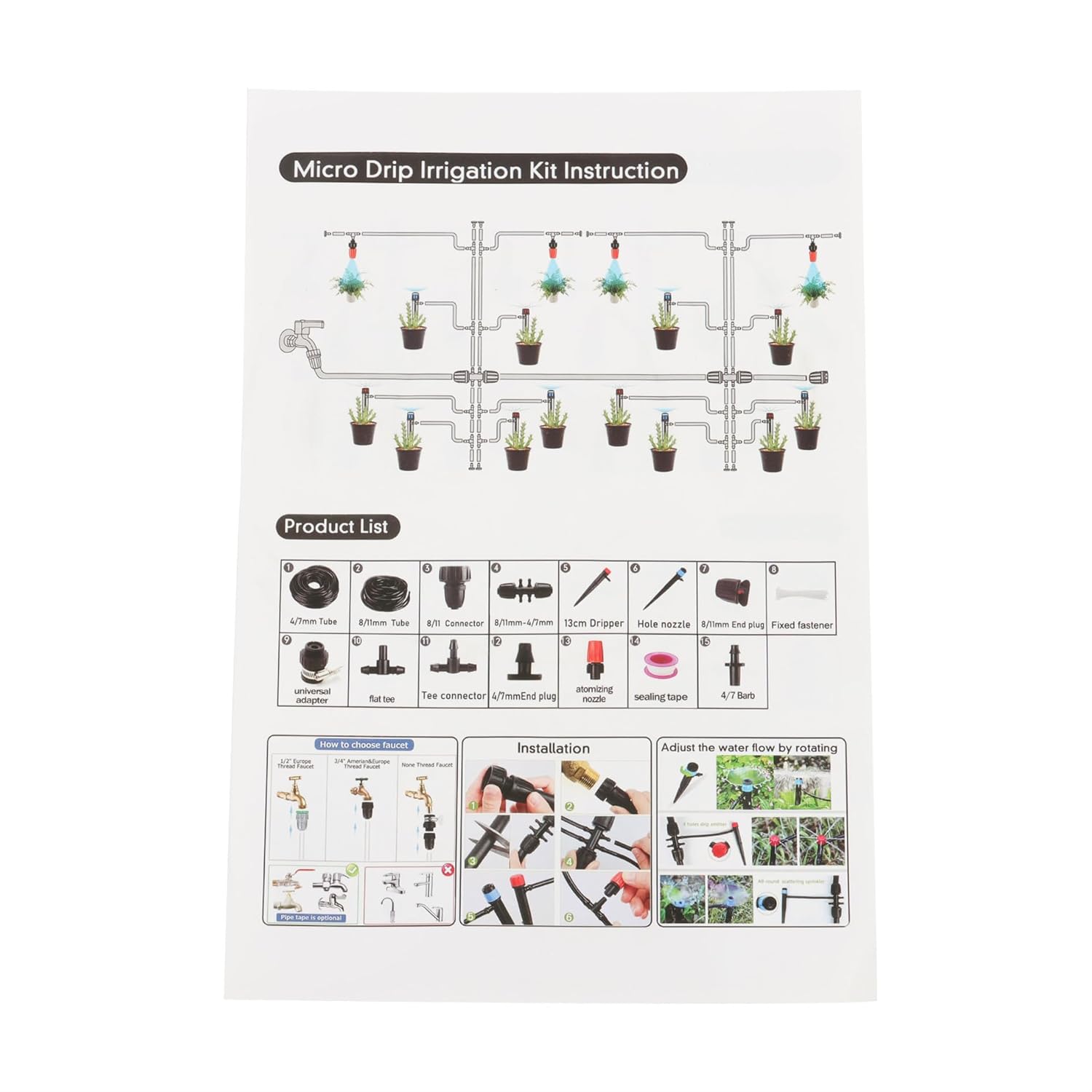 Adjustable Drip Irrigation System with Drip Emitters 226ft 1/4 and 1/2 Tubing