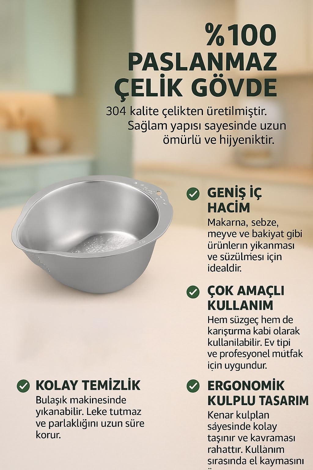 304 Çelik Mutfak Sebze Bakla Pirinç Yıkama Makarna Süzme Süzgeci mt113