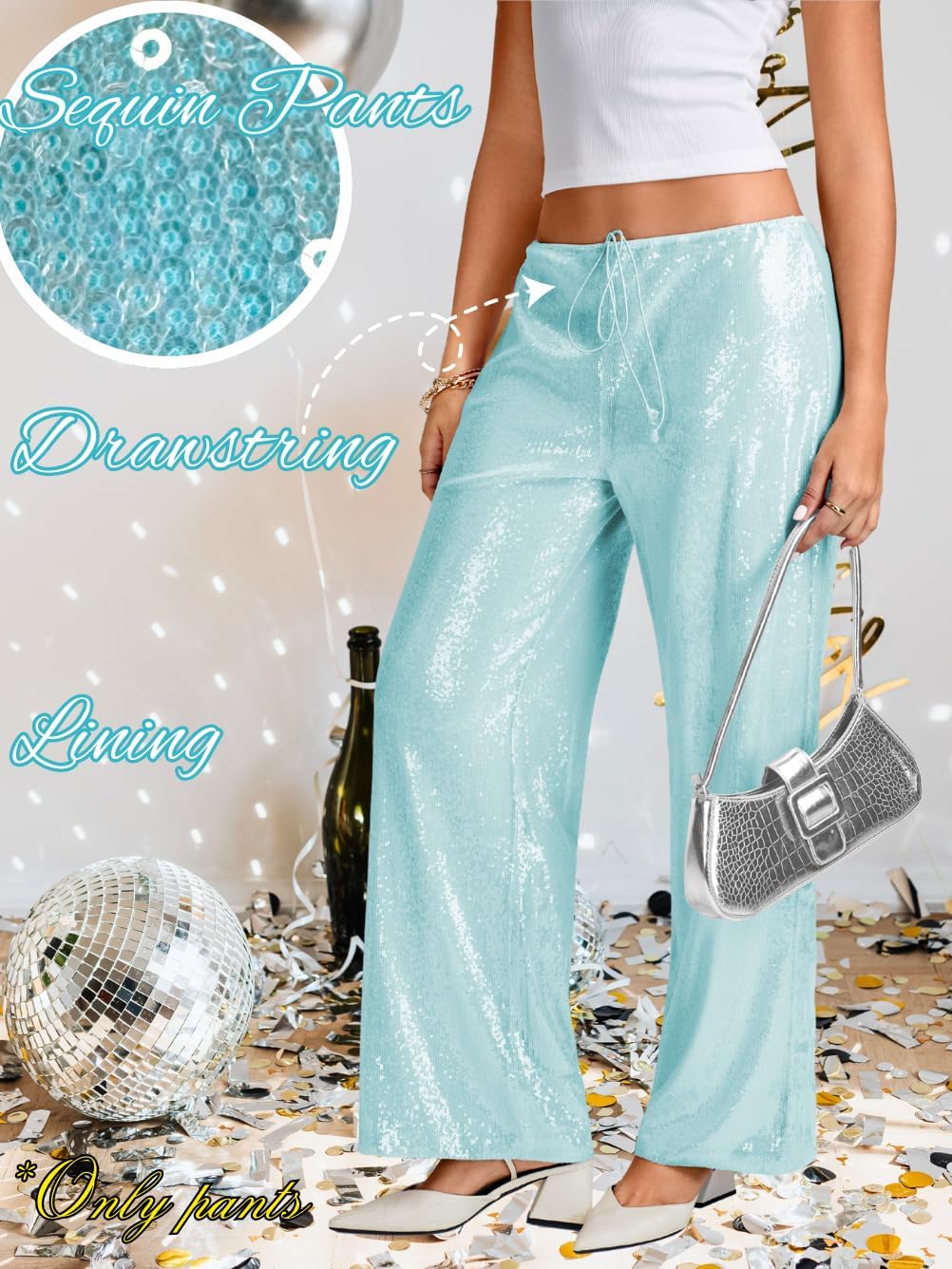 ShawGobow Sequin Pants,Low Rise Wide Leg Sparkly Bottoms for Women,Glitter Disco Concert Rave Outfit