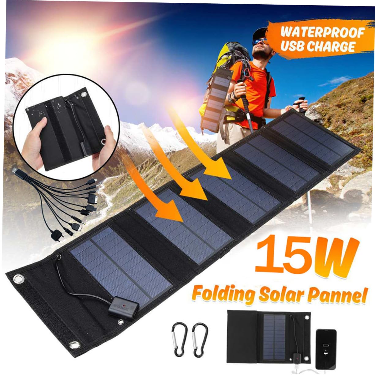 Cargador Solar Portátil de 15W y 6v Panel Plegable Monocrystalline, Resistente al Agua, Adecuado para Emergencias y Camping al Aire Libre