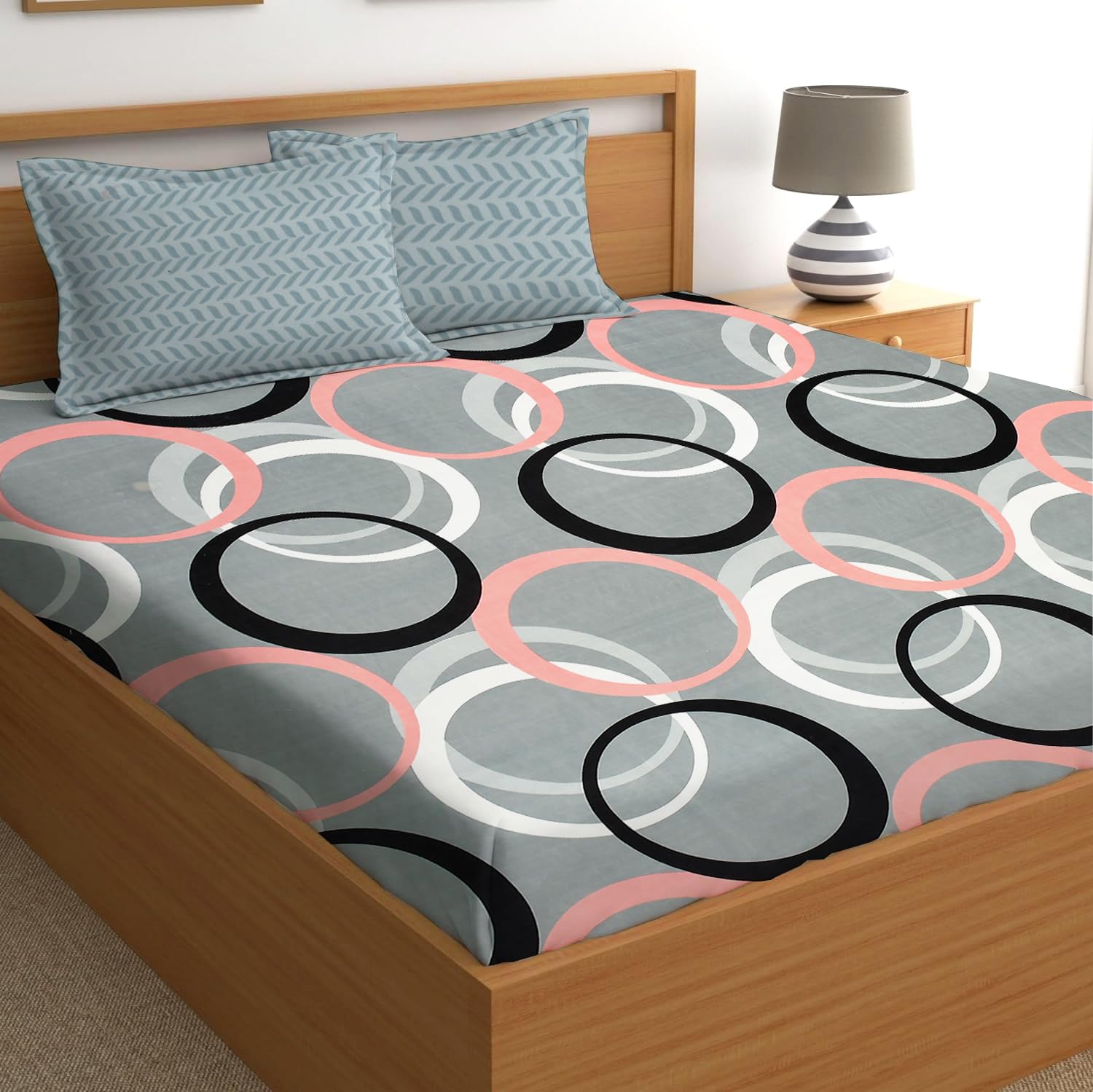 IVAZA Fitted Bedsheet, Elastic Fitted Bedsheets King Size, Bedsheet for Double Bed,144 TC Glace Cotton Premium Floral Fitted Bedsheet with 2 Pillow Cover(78x72 Inches Grey Circle (B0DGCC27RF) Amazon Price History, Amazon Price Tracker