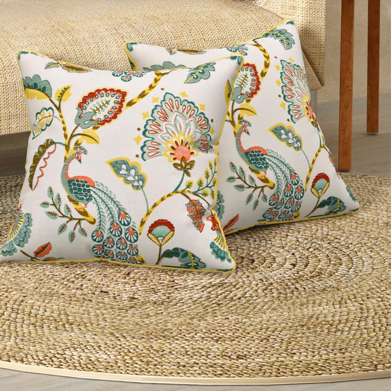 Image of Pure Cotton Quilted Cushion Cover 16x16 Inch | Anokhi Print Decorative Throw Pillow Cover | Soft Cotton Sofa Cushion Cover with Hidden Zipper | Living Room Bedroom Home Decor