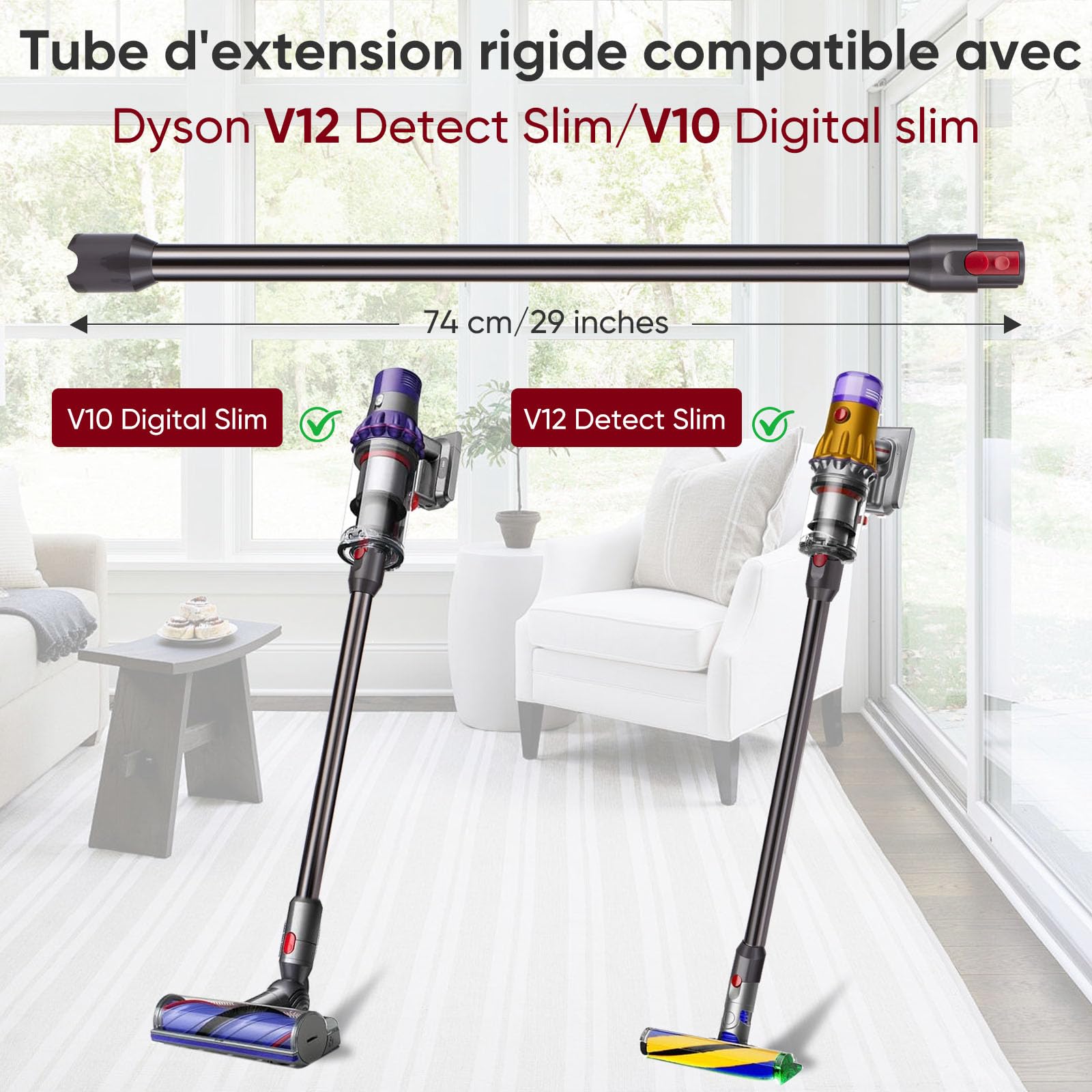 Tube Extension compatible pour Dyson V12 Detect Slim / V10 Digital Slim Aspirateur, Pièce de Rechange Tige Rigide avec Dégagement Rapide Accessoire Rallonge 74cm - Gris