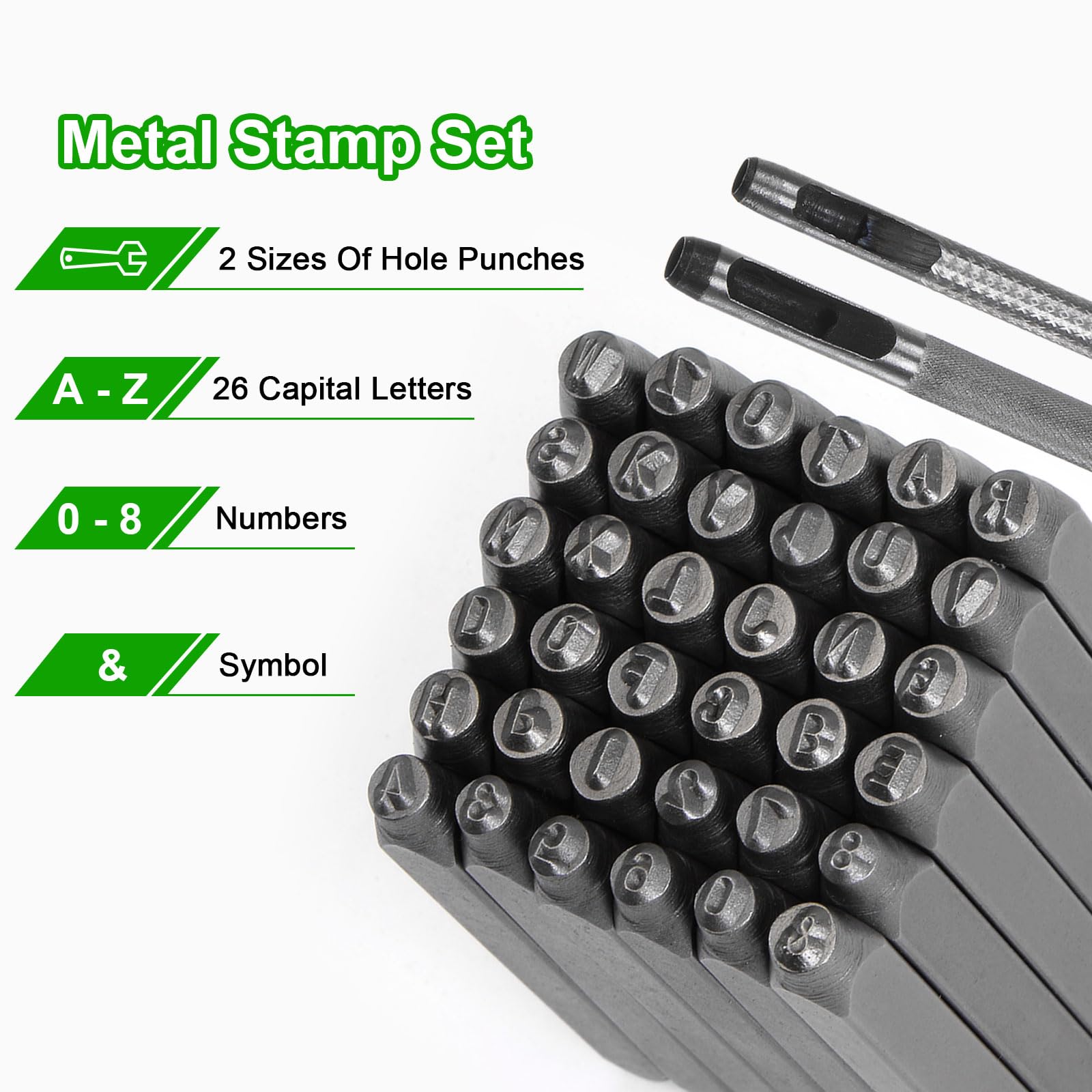 QUARKZMAN 36pz Metallo Stampaggio Kit 3/16" (5mm) (AZ, 0-8,"&" Simbolo) Acciaio Lettera Pugno Premere Utensile con Foro Pugno per Stampa su Metallo, Plastica, Legno, Pelle, Argento