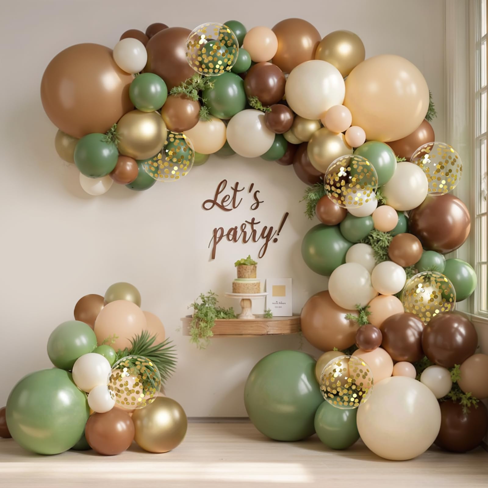 Zesliwy Sage Green Brown Gold Balloons Arch Kit, Latex, Party Decorations | Tan Nude Sand White , Olive Green Beige Gold with Confetti Balloon Garland, for Jungle Safari Woodland Birthday Wedding Decor