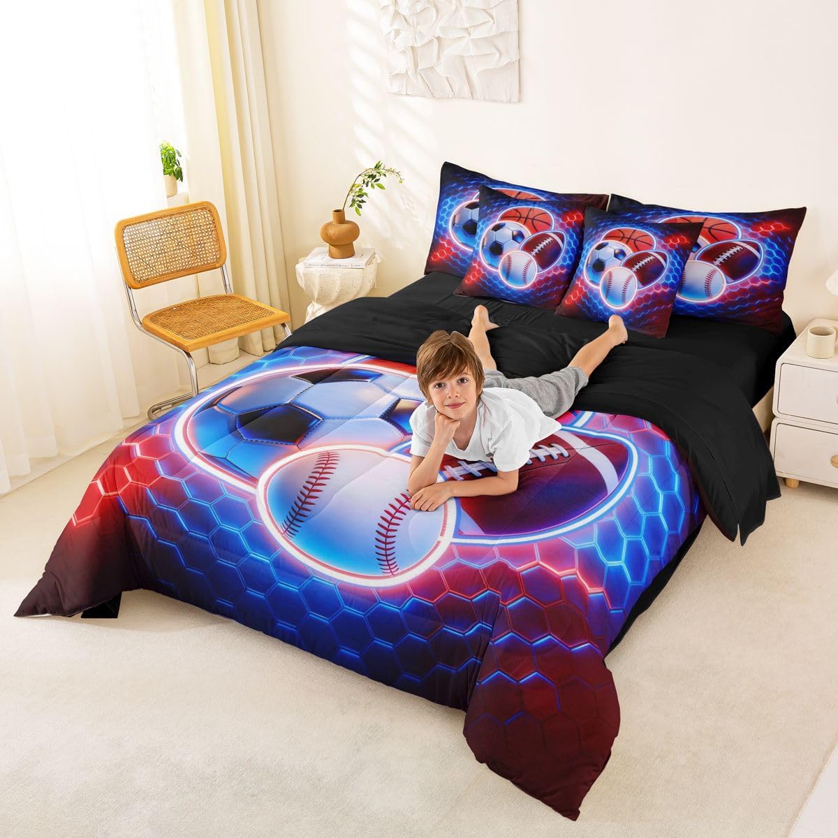 Feelyou Boys Sports Comforter Set Queen Size 7 Pieces Red Blue Hexagon Bedding Set for Kids Football Baseball Basketball Soccer Bed in a Bag with Sheets, Pillow Covers Sports Room Decor Quilted Soft