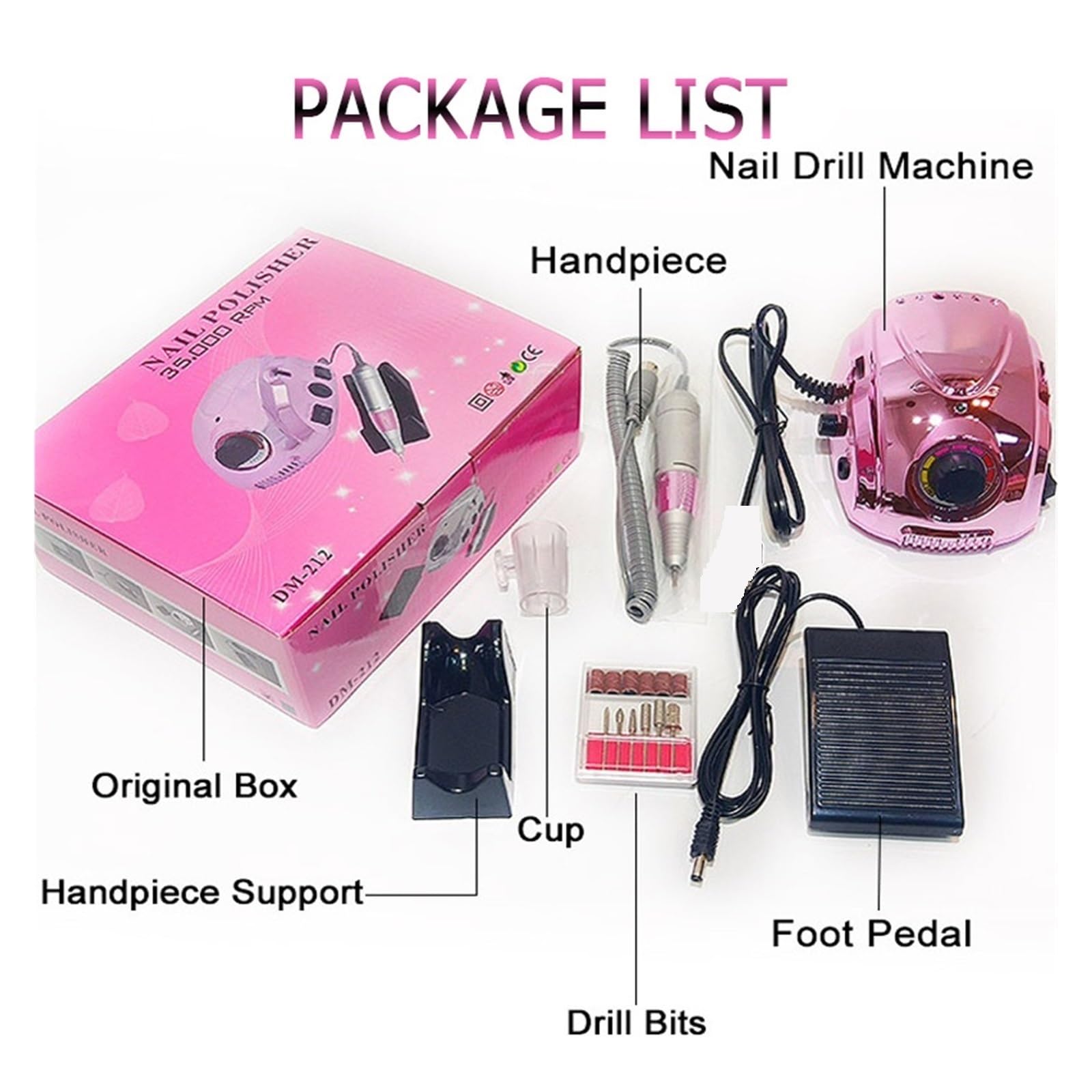 Wiertarka do paznokci, 35000RPM elektryczna wiertarka do paznokci, polerowania, maszyna manicure zestawu narzędzi zdobienia, elektryczny pilnik z frezem(Mirror Pink)