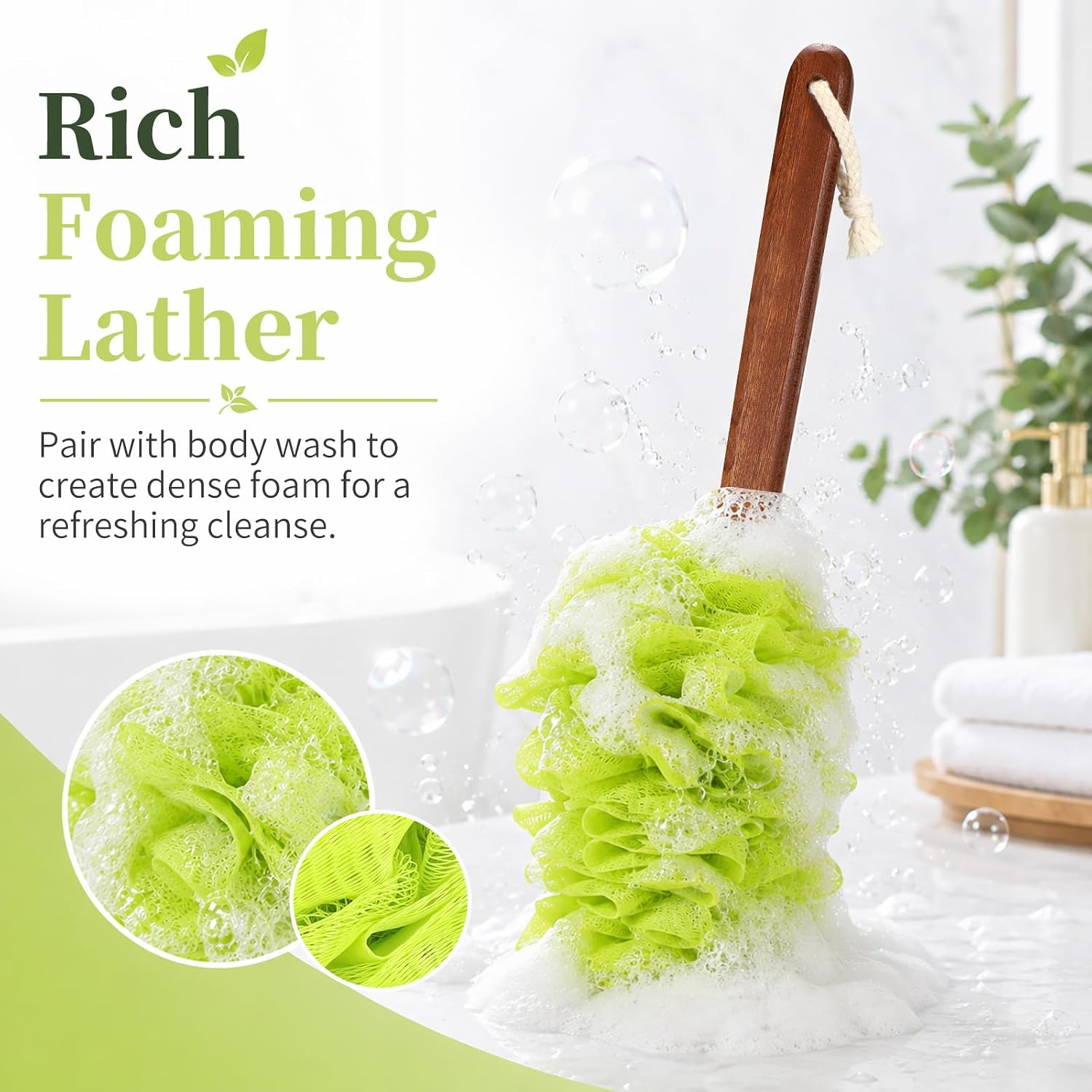 DEBETOOL Shower Loofah with Handle, Wooden Stick & Soft Mesh Bristles