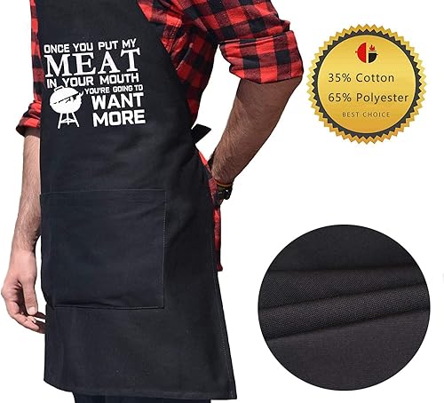 Miniatura 4 de Divertido delantal de parrilla para hombres, Once You Put My Meat - Talla única para todos - Delantal de cocina de chef con tres bolsillos grandes