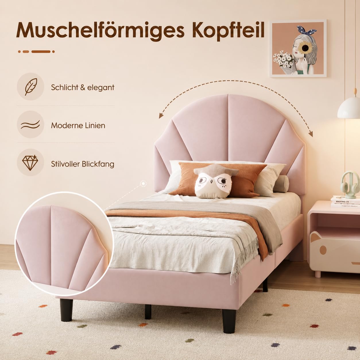 Letto singolo 90 x 200 cm, letto per bambini imbottito con rete a doghe per bambina, letto giovane imbottito con testiera regolabile per cameretta dei bambini, senza materasso