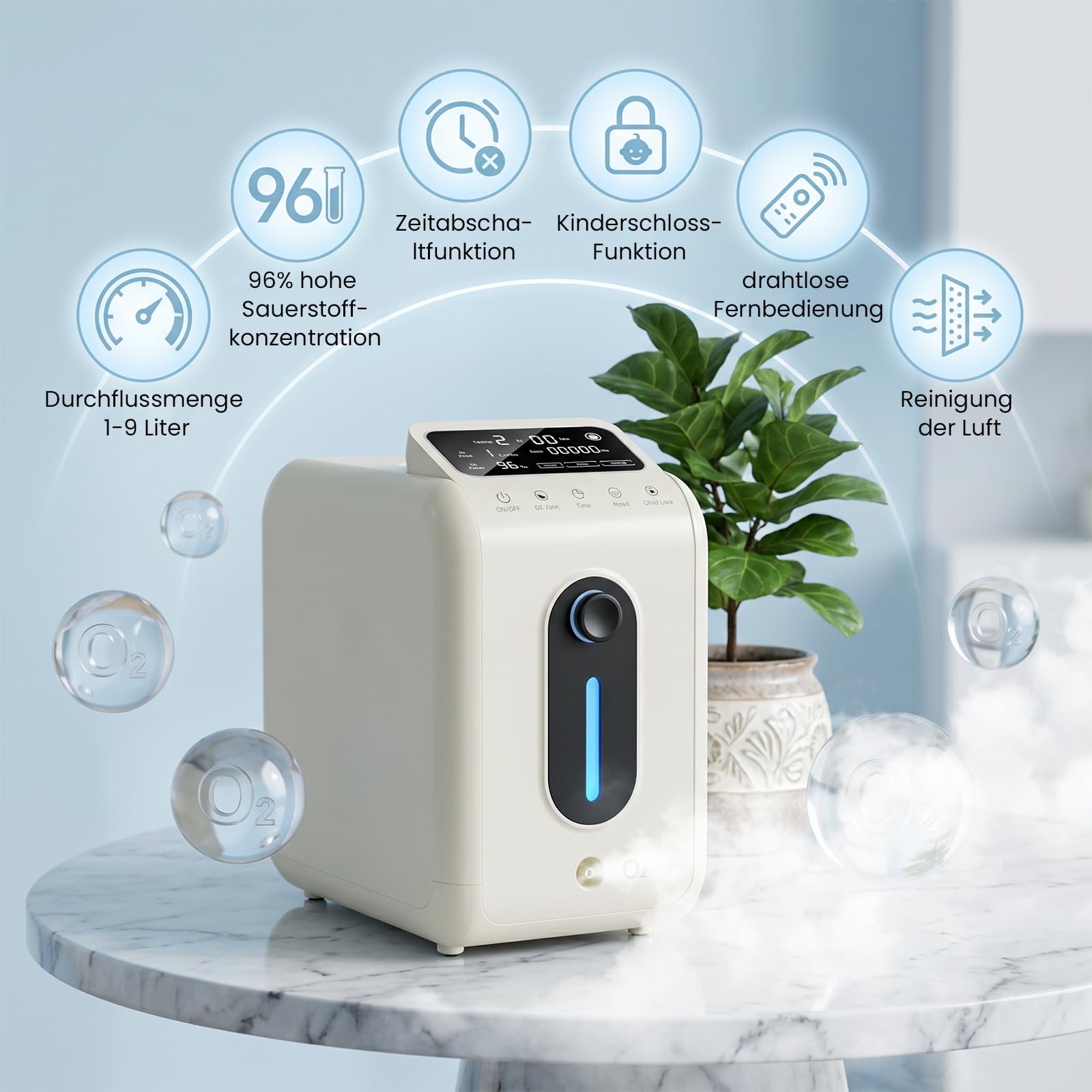 Sauerstoffgerät für Zuhause - Tragbarer Sauerstoffkonzentrator, Entspannung, Meditation, 1-9L/min Durchfluss, 96% Konzentration, Fernbedienung, Kindersicherung, Heimsauerstoffgerät für Wohlbefinden