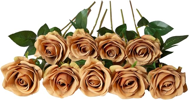 DuHouse 10pcs Artificial Toffee Roses Fake Silk Flowers Single Long Stem for Arrangement Wedding Party Home Decoration(Coffee)