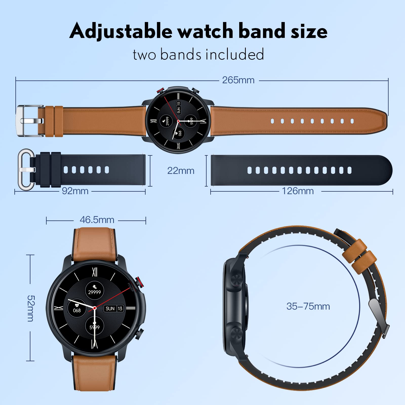 Smartwatch Homme Montre Connectée Sport 1,32 Pouces IP68 Étanche Écran Tactile Bracelet Connectee Moniteur Sommeil Fréquence Cardiaque Podomètre Fitness Tracker Android iOS Ronde Cuir