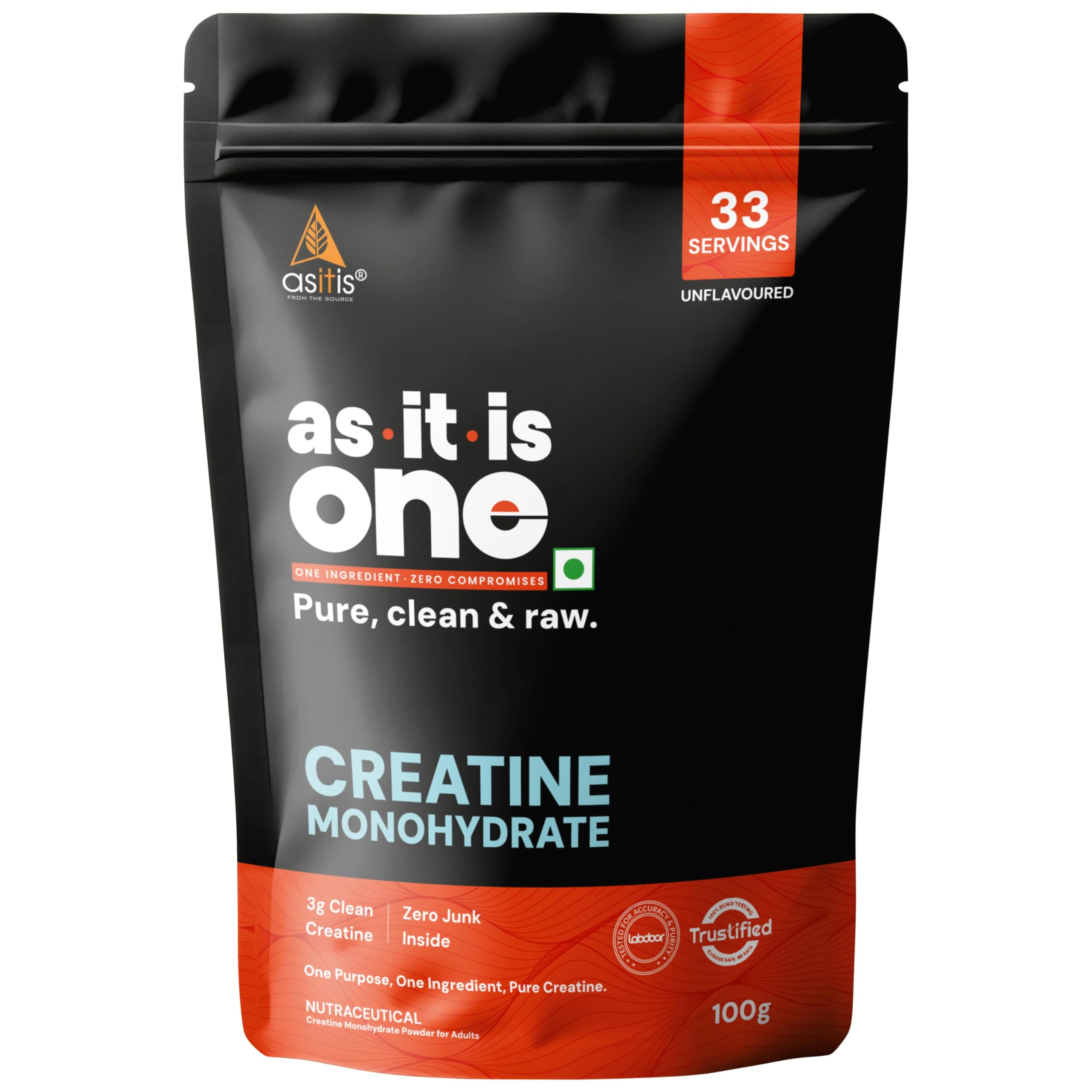AS-IT-IS One Creatine Monohydrate - 100g Unflavoured I Pure & Micronized I Rapid Absorption, Supports Enhanced Muscle Strength, Stamina & Muscle Growth