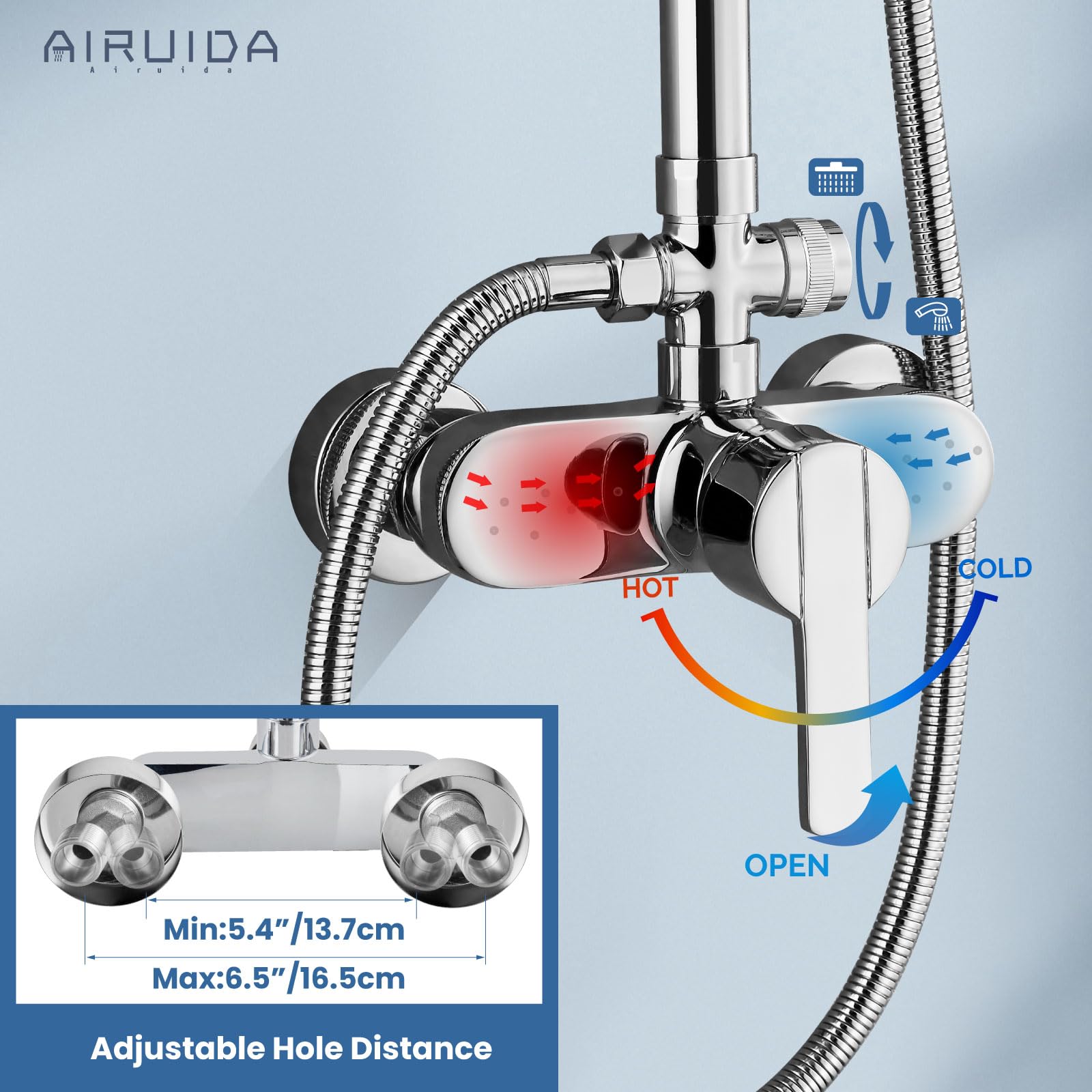 Airuida Oprawa prysznicowa mosiężna odsłonięta rura system prysznicowy chrom polerowany 20 cm deszczownica głowica prysznicowa pojedynczy uchwyt lita miedź rozdzielacz podwójne funkcje bateria prysznicowa zestaw jednostki