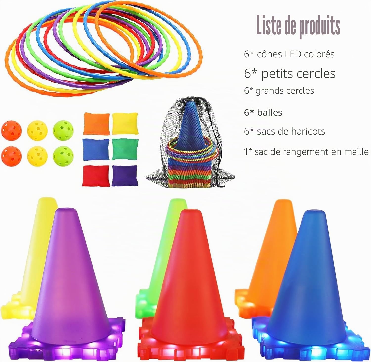 VATOS Jeux Exterieur Enfant Parcours de Motricité - 3 en 1 Jeu de Balle, Anneau et Sac de Haricots Lumineux, Jouets de Jardin, de Carnaval et de fête pour Les Enfants