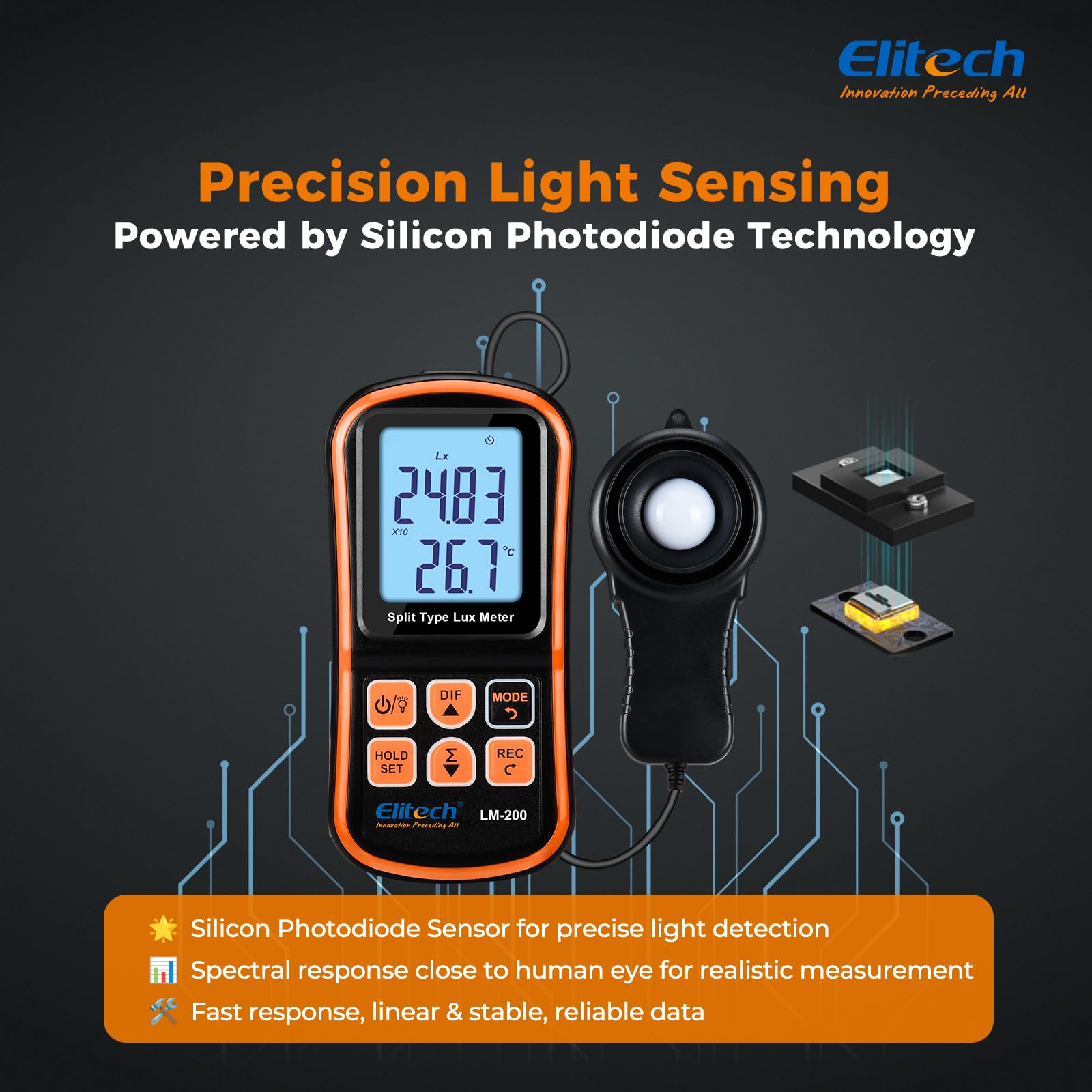 Elitech Misuratore di Luce Digitale Luxmetro Portatile con Display LCD, Portata 200.000 Lux, Misura della Temperatura LM-200