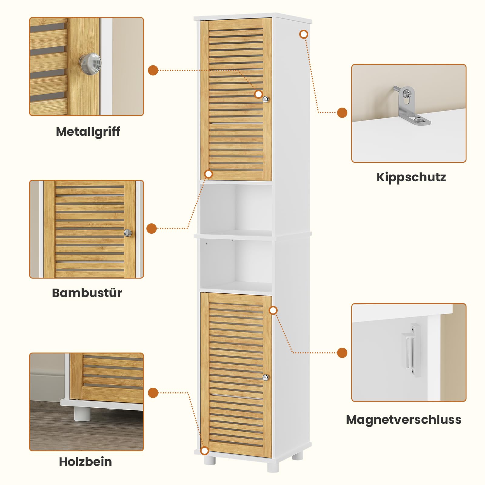 Badezimmer Hochschrank, Badzimmerschrank mit 2 offenen Fächern und verstellbaren Ablagen, Badschrank mit 2 Bambustüren, Badmöbel, für Wohnzimmer, Küche und Bad, 32 x 30 x 190 cm