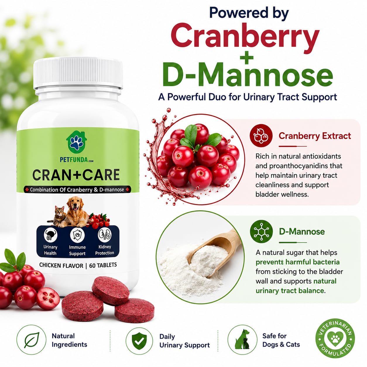 Petfunda Cranberry & D-Mannose Urinary Supplement for Dogs & Cats - 60 Chewable Tablets - Dog UTI & Cat Urinary Tract Support - Bladder & Kidney Health - Chicken Flavour, Puppies, Kittens, All Breeds 1