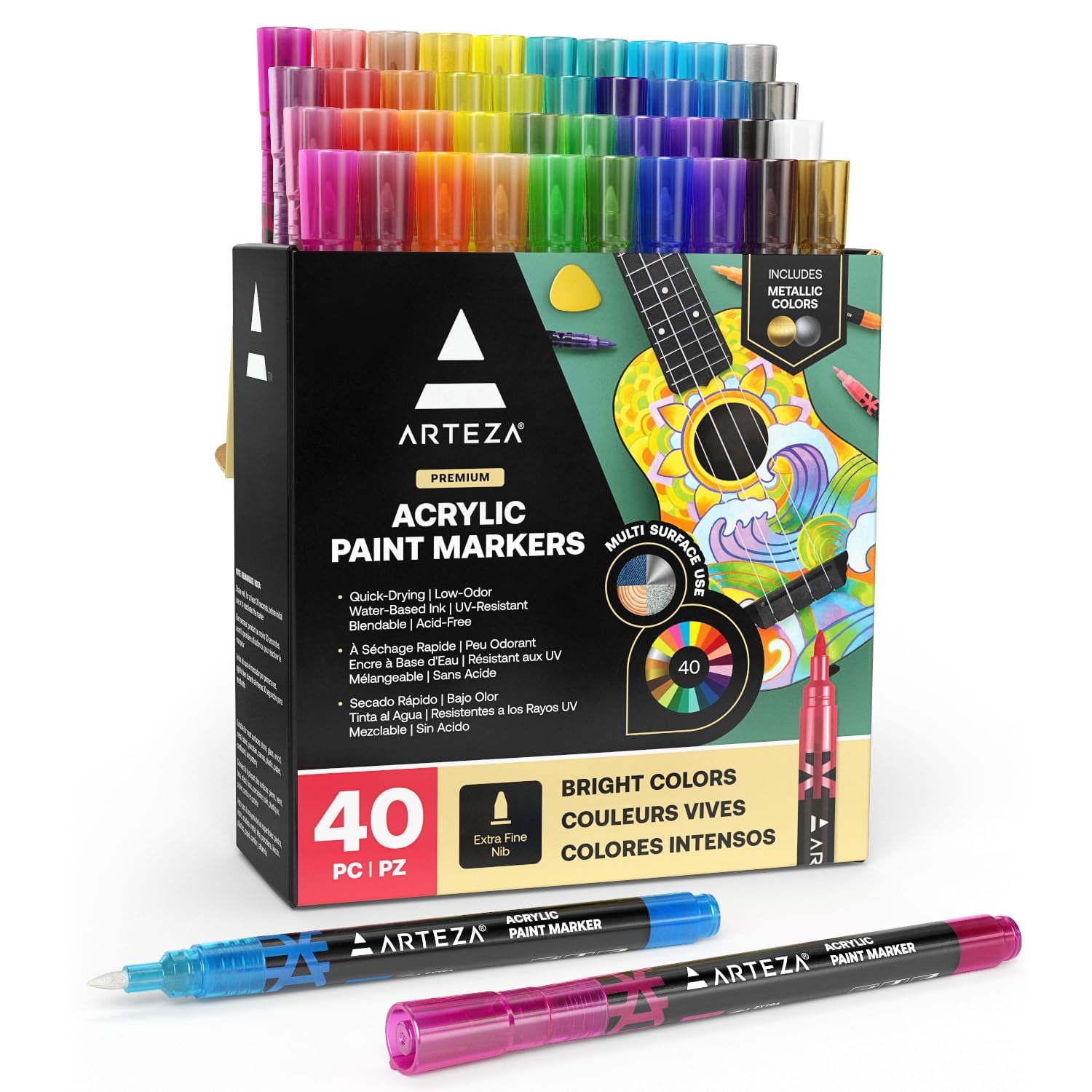 ARTEZA Pennarelli Acrilici per Pittura, Set 40 Colori, Pennarelli Indelebili Punta Fine a Lunga Durata con Pennino in Plastica per Metallo, Tela, Roccia, Superfici in Ceramica, Vetro, Legno e Tessuto