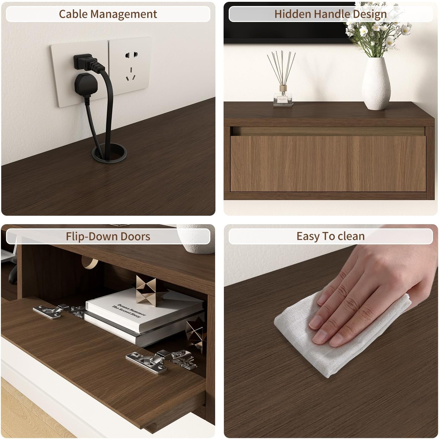 47 in Floating TV Stand Floating Tv Console for Tvs Up to 32/65 Inch Entertainment Center for Wall with 2 Flip-Down Cabinet Doors for Bedroom Living Room,Walnut+Natrural 47 IN Walnut+natrural