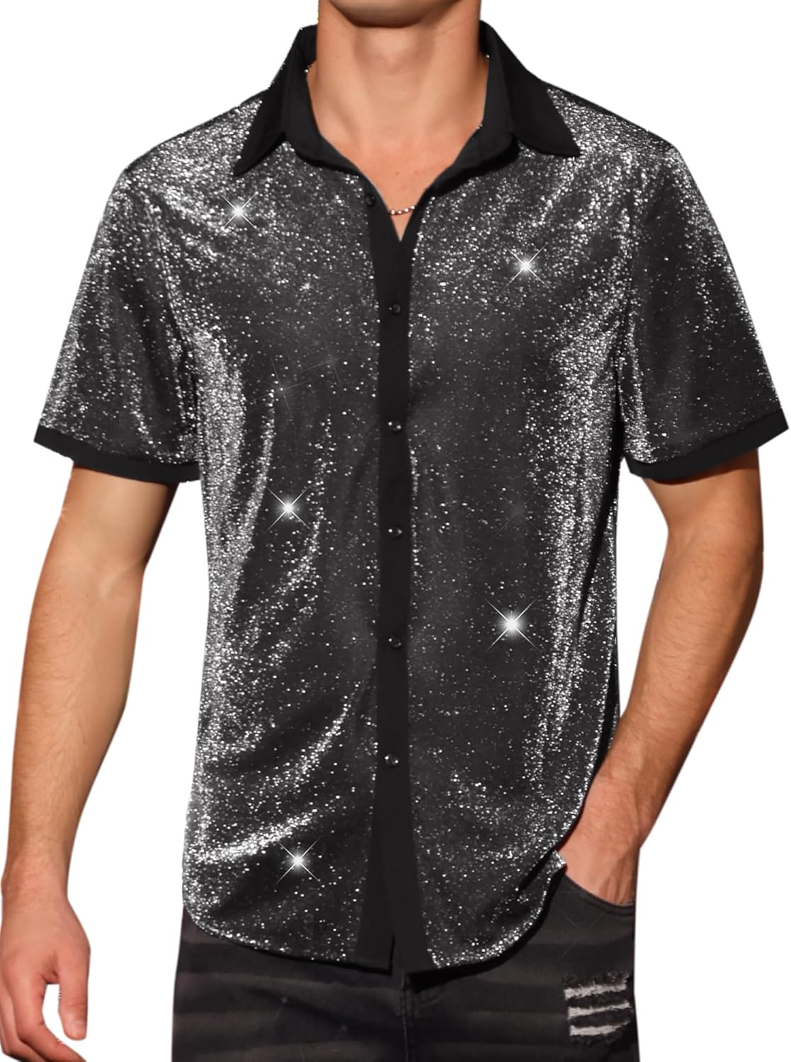 Lars Amadeus Metallic Shirts for Men's See Through Short Sleeves Disco Shiny Sheer Shirts
