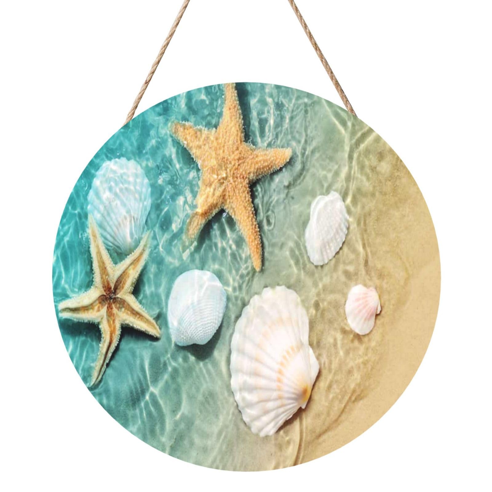 InOmak Beach Starfish Scallop, Round Wood Panel Painting 12 in, Wall Hanging Painting For Home