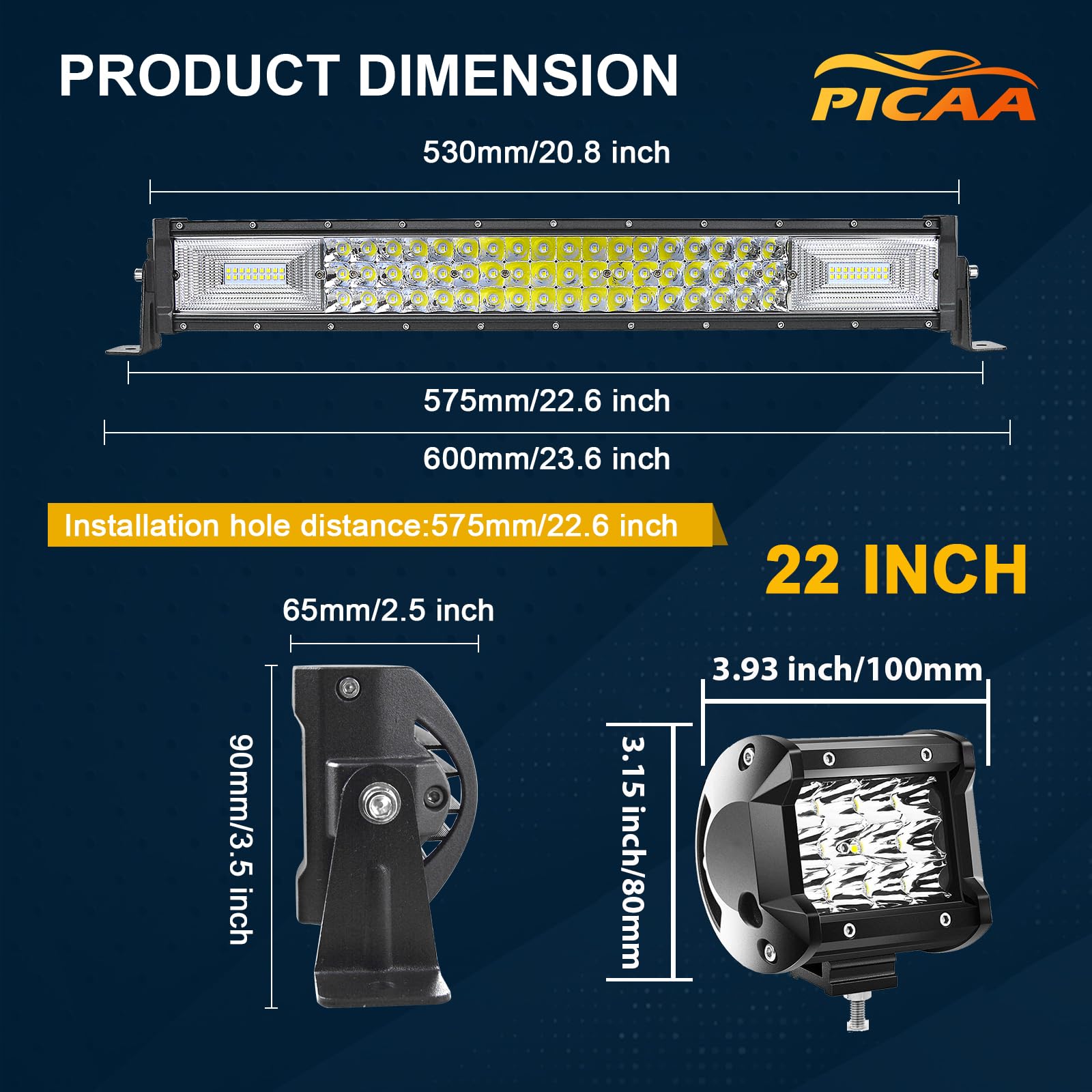 PICAA 22 Pulgadas 270W Barra de Luz LED con 2x 4 36W Faros de Trabajo e 12V Cableado Kit, 6000K Blanco Barras Luminosas Led Coche para Offroad, SUV, Camión, 4x4, ATV, Tractor