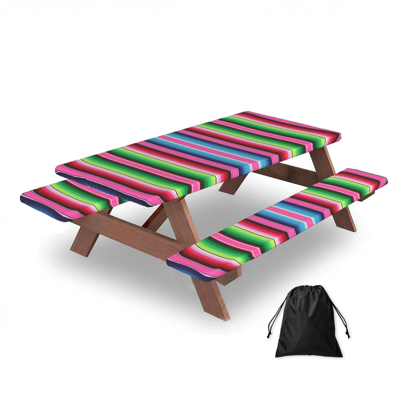 Dopklna As Picture Colorful Mexican Blanket Stripes, Picnic Table Cover With Bench Covers -Waterproof Elastic Fitted Tablecloth For Garden Camping Patio 76X152cm