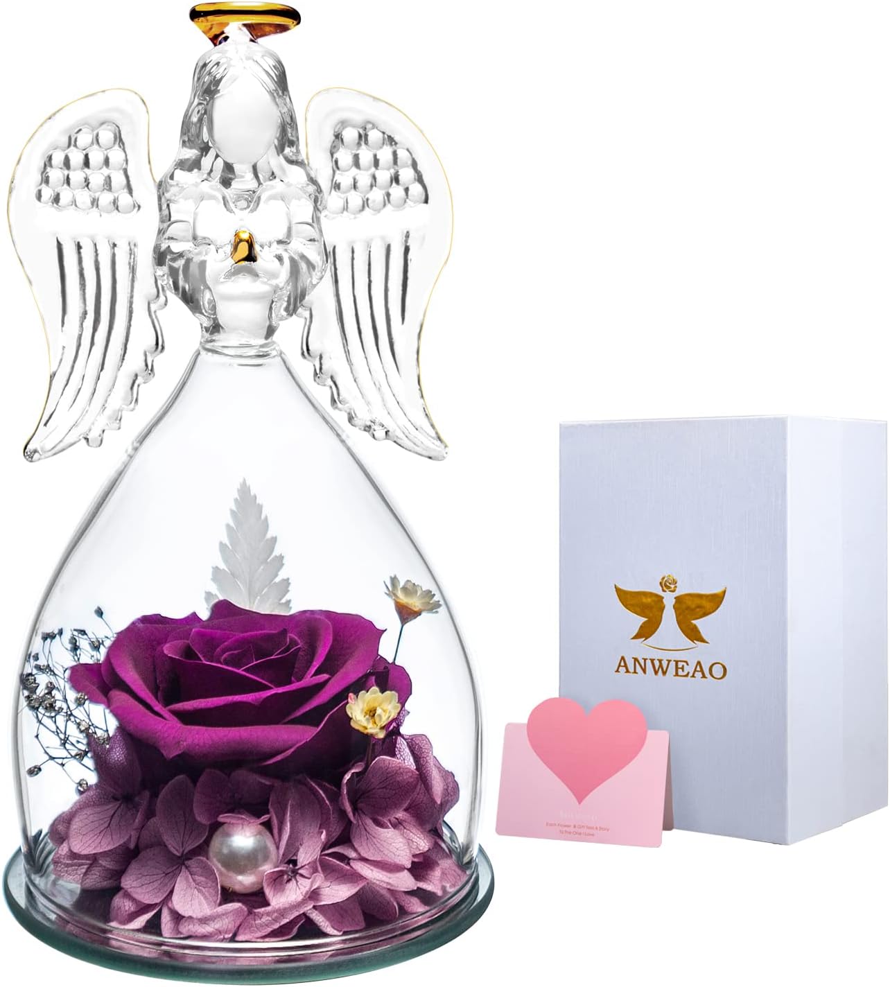 Preserved Rose Flowers Glass Angel, Mothers Day Rose Gifts for Mom, Angel Figurines Birthday Gifts for Women, Angel Rose, Real Rose, Gift for Her Wife or Grandmother on Mothers Day Anniversary